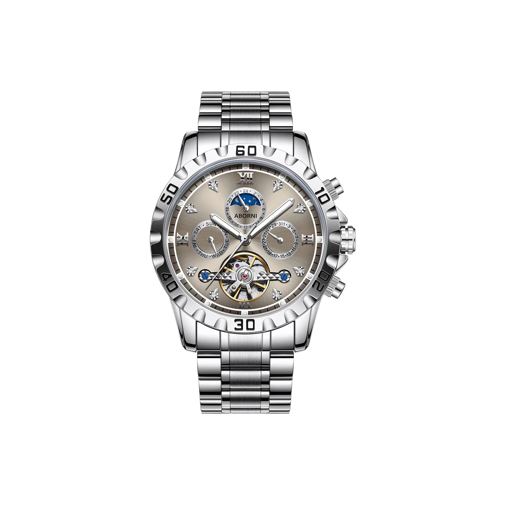 ABORNI Automatic Mechanical Movement Stainless Steel Watchband Watch Men's Watches Black Dial