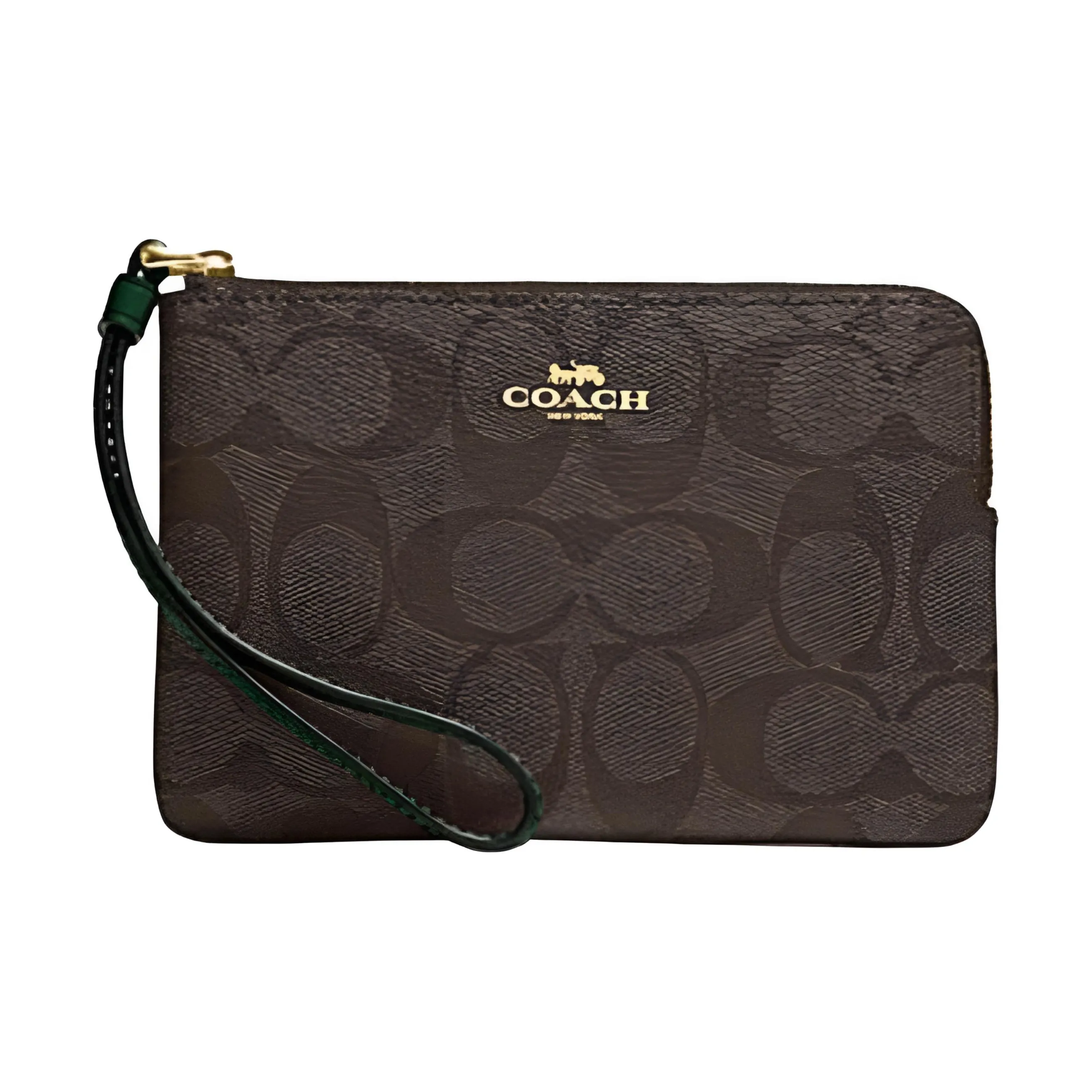 COACH Corner Zip PVC Wallet Wrist Bag Clutch Small Size Women's Brown & Dark Pine Wood Color