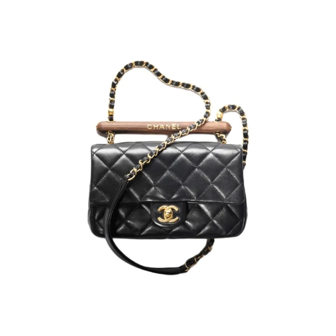 CHANEL Lambskin With Wooden Inlay Flap Bag, Crossbody Bag, Shoulder Bag Women's Black