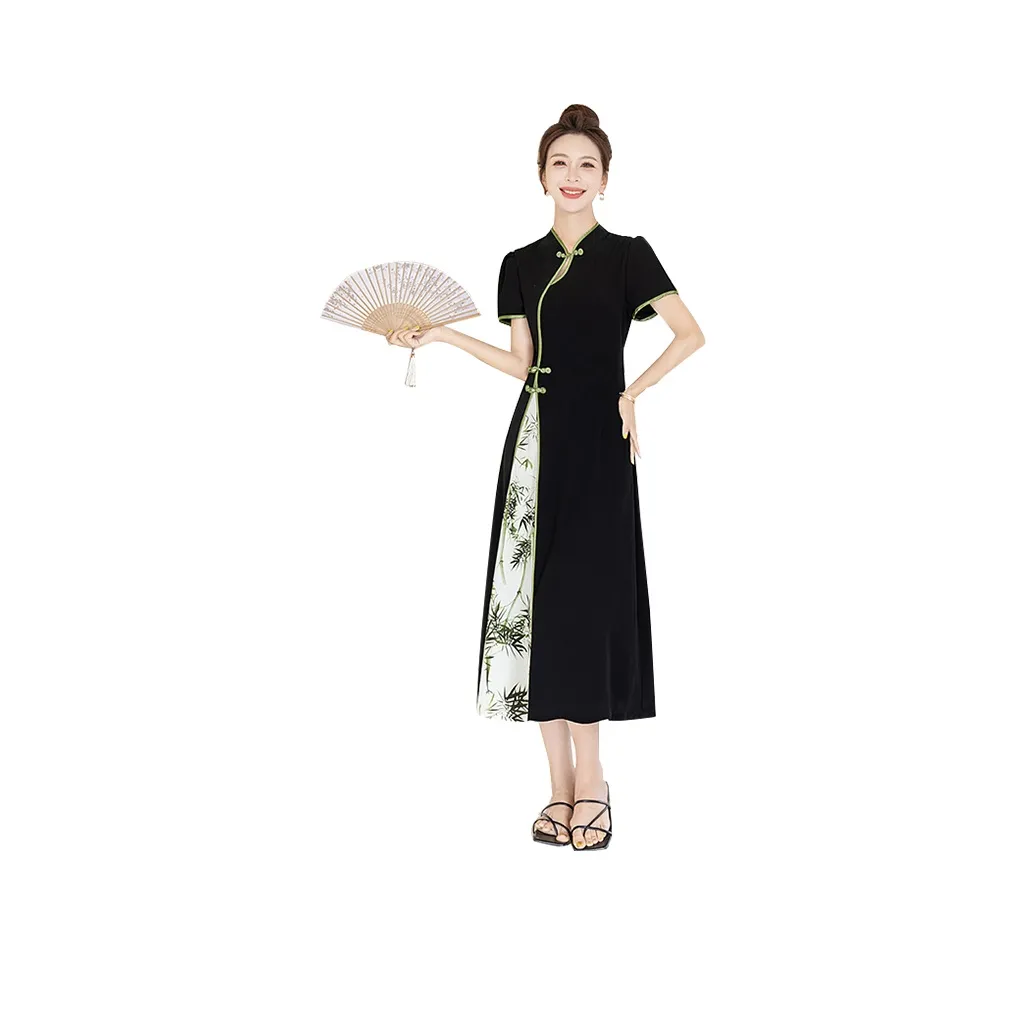 Cypress House Чонсам Женские Черный и Зеленый Бамбук