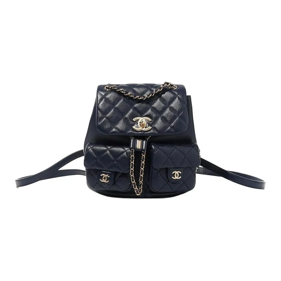 CHANEL Duma Calfskin Frog Backpack Medium Size Women's Dark Blue