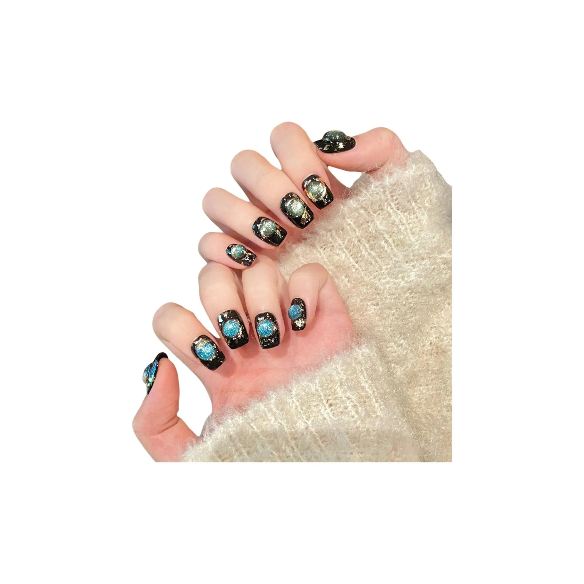 Fanze Черный Эльф Пузырьки Handcrafted False Nail Короткий LADDER Готический Румяна Stain Кошачий глаз 15mm