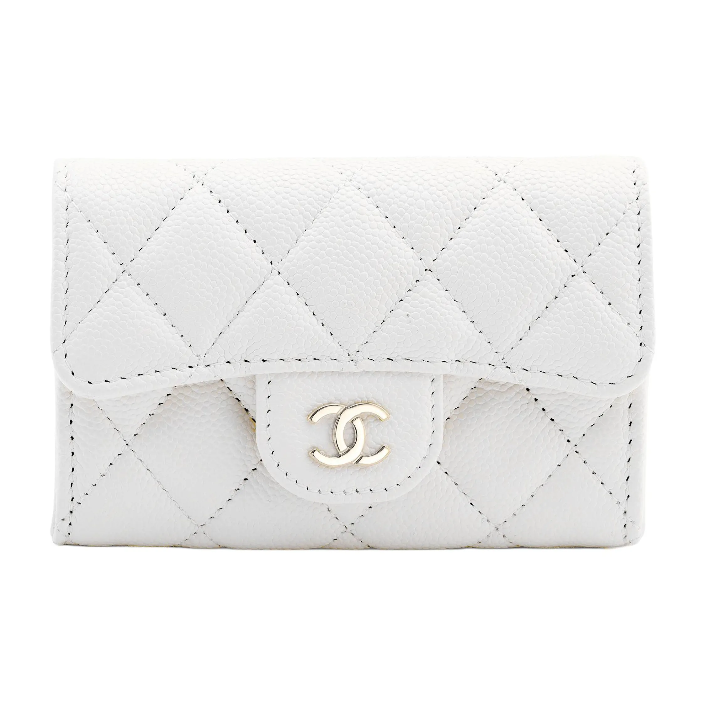CHANEL Litchi Grain Calfskin Wallet, Coin Purse, Card Holder Trumpets Women's White