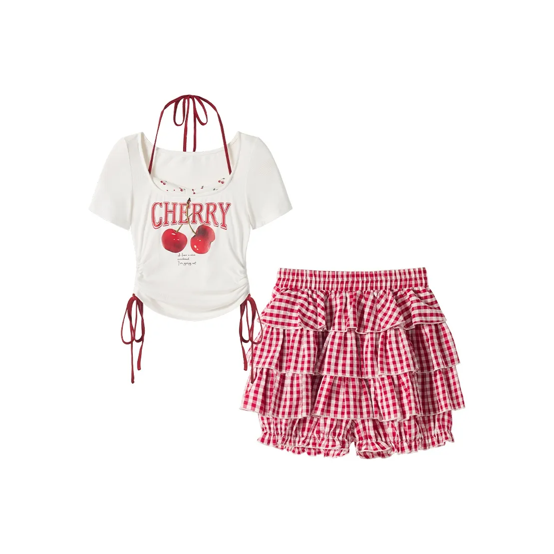 fabric pig Вишневый принт T-рубашка + многоуровневая короткая юбка Женские комплекты с юбкой