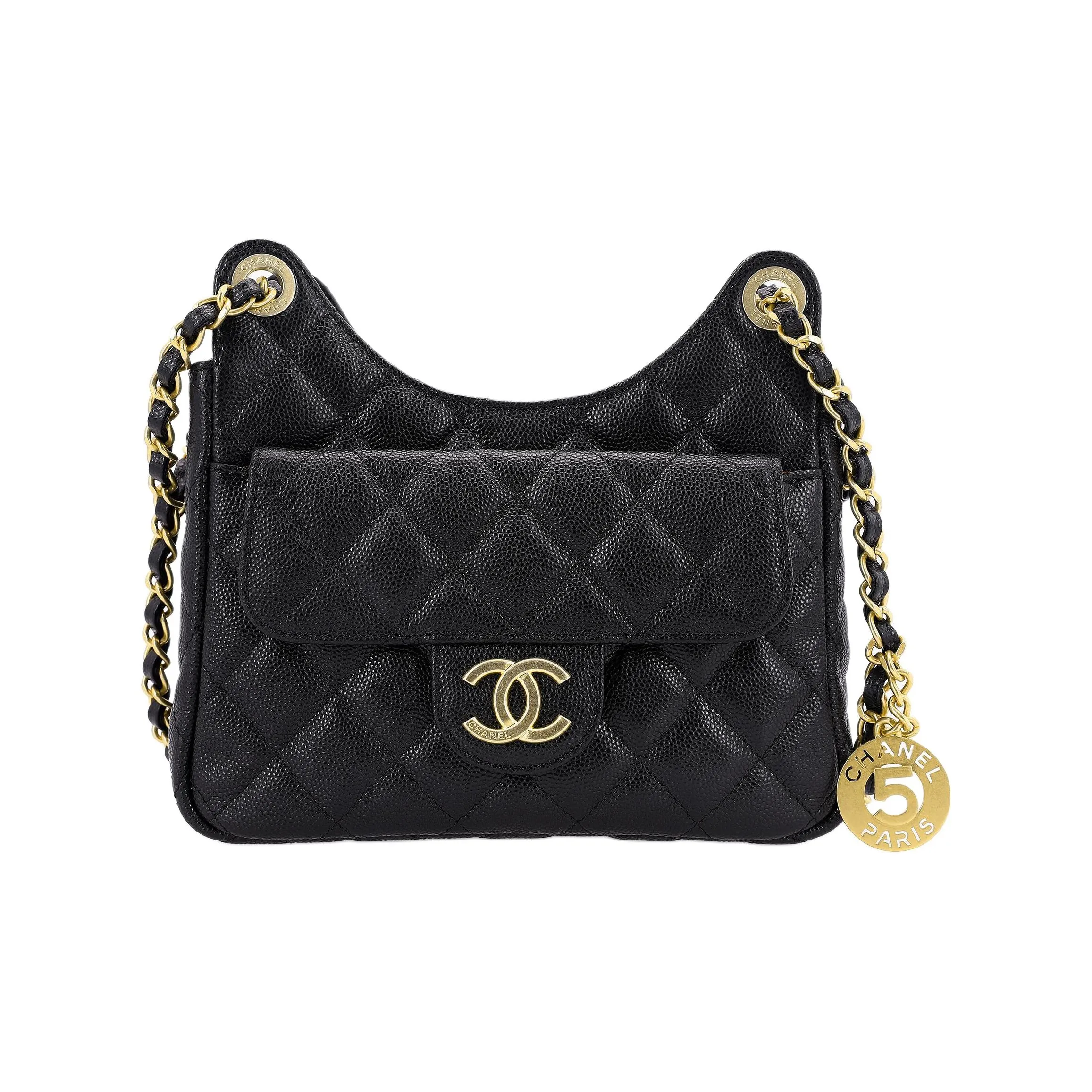 CHANEL 23P Spring Summer HOBO Grain Embossed Cow Leather Hobo Bag, Crossbody Bag, Shoulder Bag Trumpets Women's Black