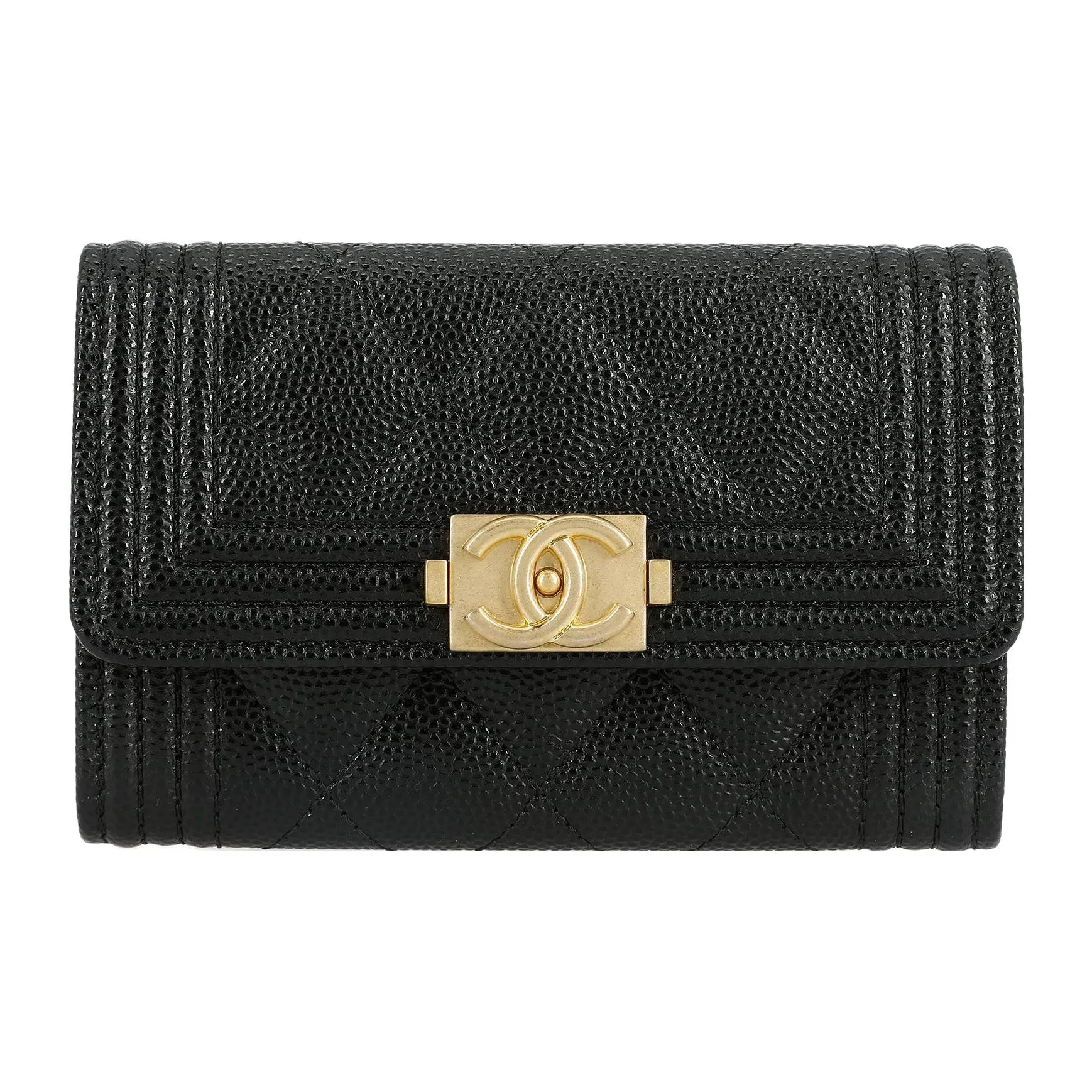 CHANEL 21K Winter Leboy Litchi Grain Sheepskin Flap Bag Card Holder, Wallet Regular Women's Black