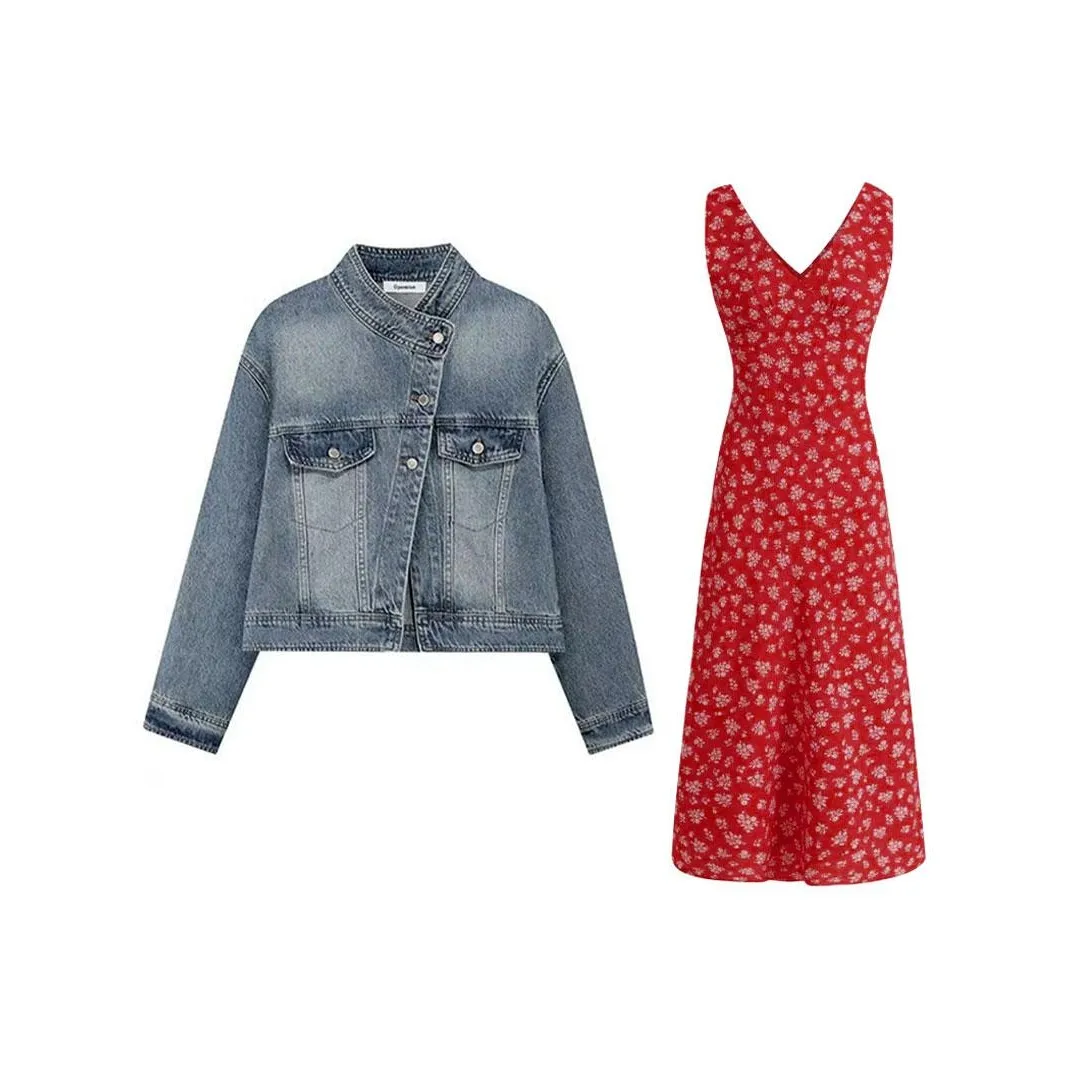 MARIE·COCO Denim Jacket + Red Floral Dress Women's Skirt Sets MARIE·COCO Деним Куртка + Красное Цветочное Платье Женские Комплекты с Юбкой