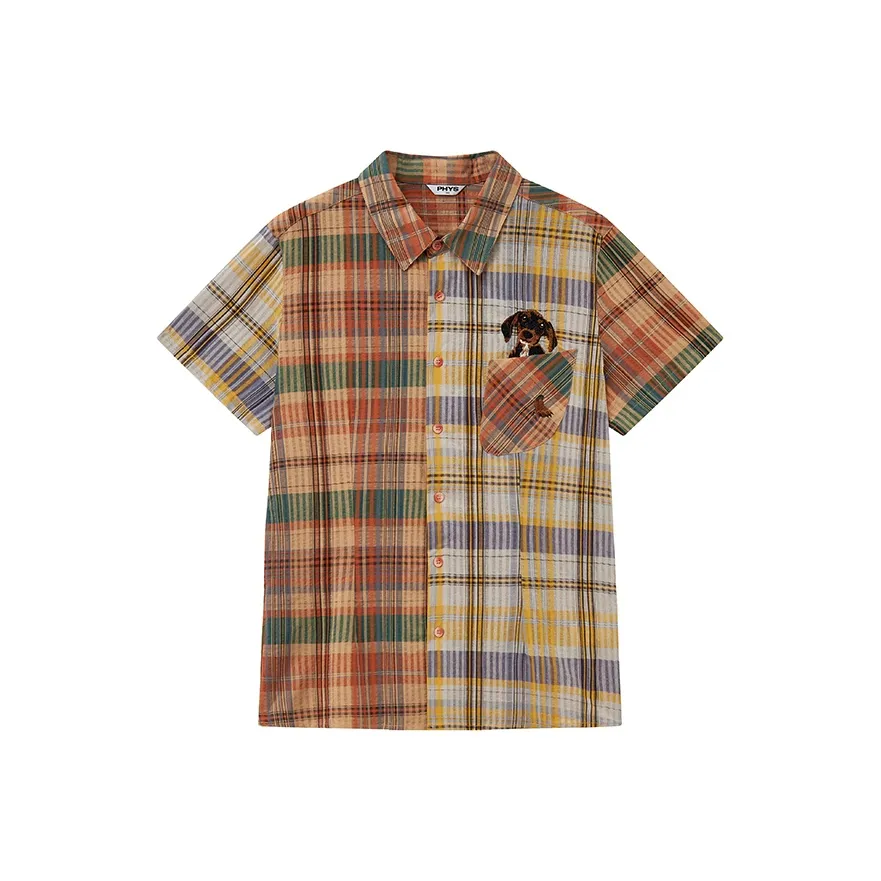 WULISHAONIAN Клетка Пэчворк Щенок Вышивка Плечевой шов Короткий рукав Рубашка Унисекс