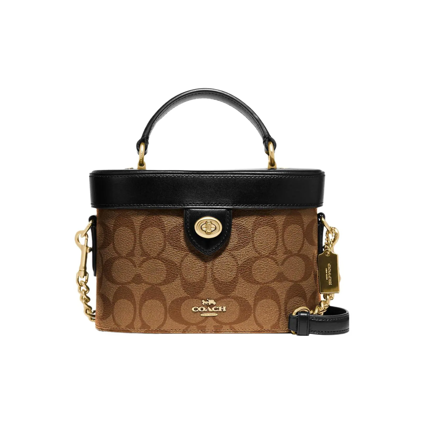 COACH Kay PVC With Skin Box Bag, Shoulder Bag, Crossbody Bag, Handbag Trumpets Women's Black & Brown Monogram