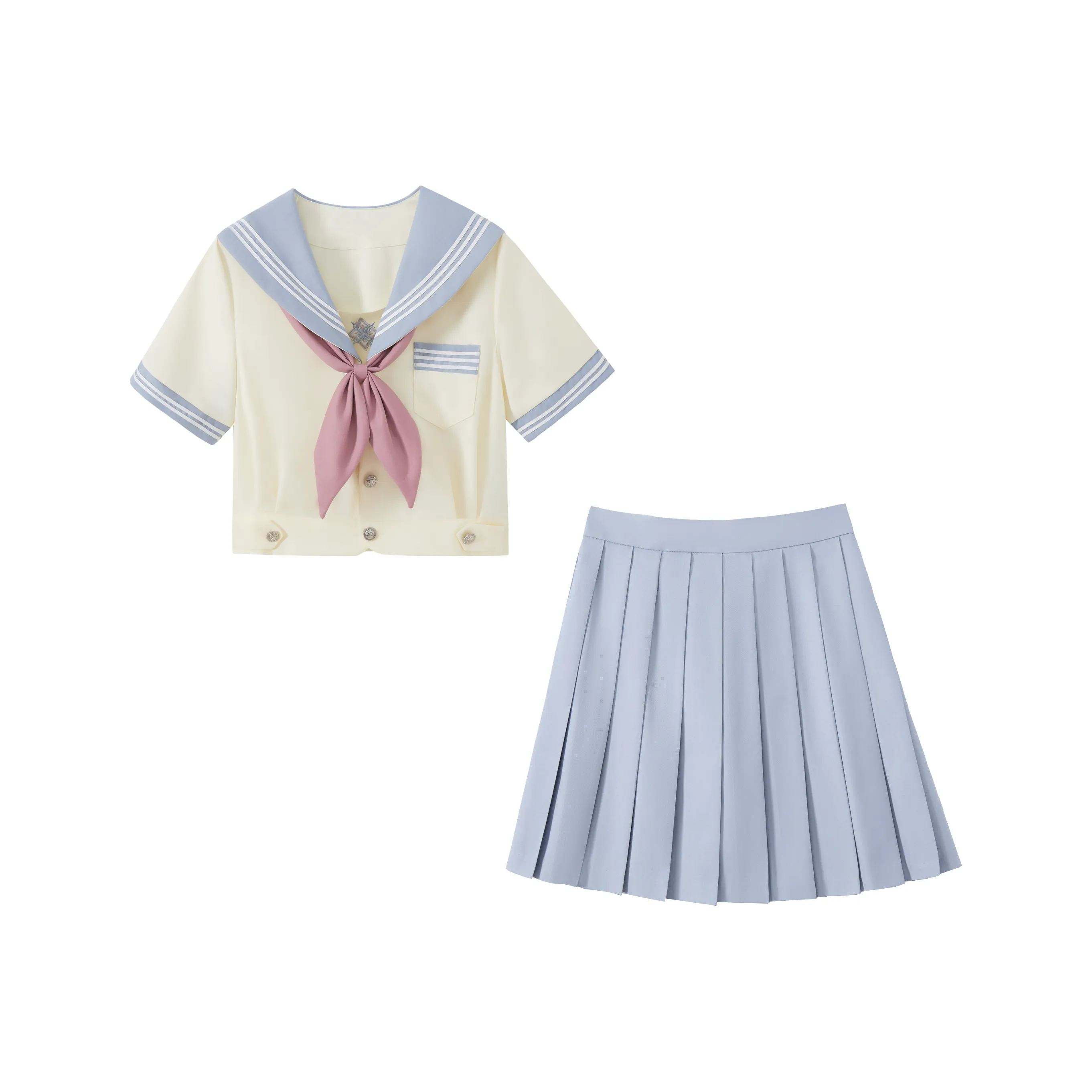 KAZAN Водяной Серый Матроска Тройной Комплект Розовый Галстук-бабочка + Тройной Комплект Матроска + Водяной Серый Плиссированная Юбка Женская Униформа