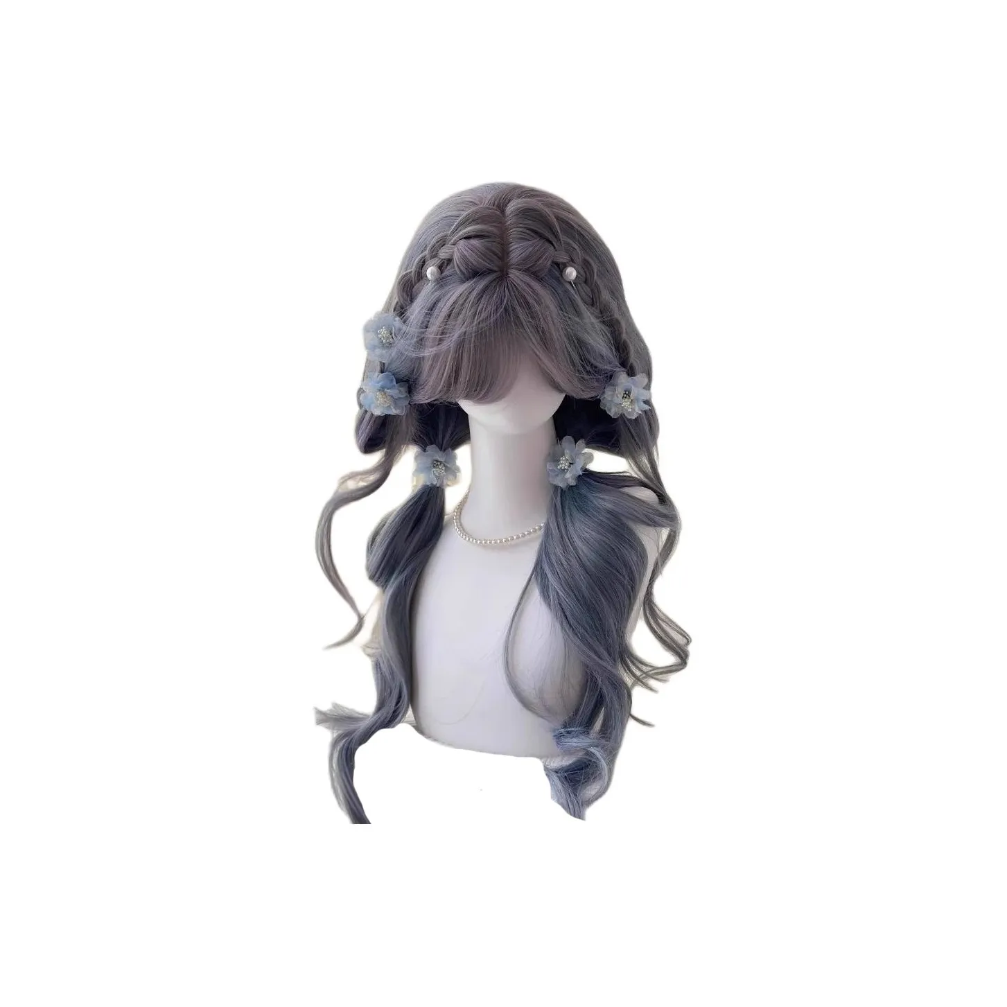 Gentle Welcome Перука Полная Набор Туманно-голубой Фиолетово-серый Тонкие Bangs Длинная Кудрявая Омбр Перука Комплект