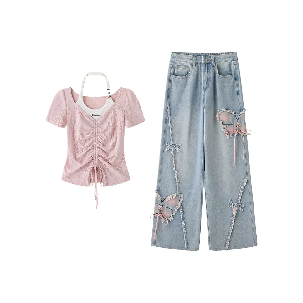 fabric pig Розовый Короткий рукав Топ + Джинсы Женские Повседневные костюмы