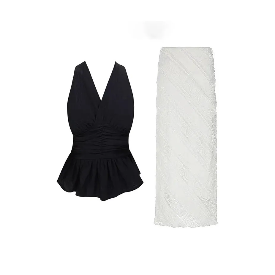 MARIE·COCO Черный топ + Белая юбка Женские комплекты с юбкой