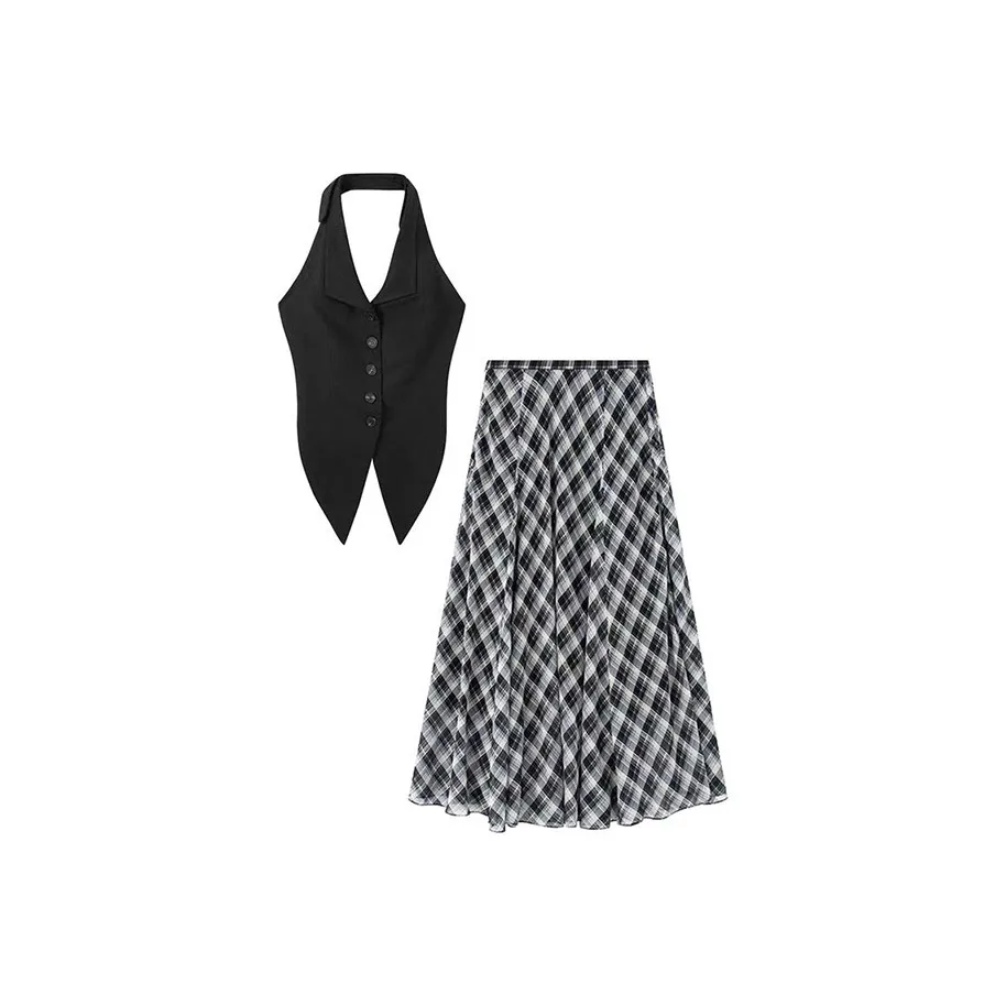 MARIE·COCO Черный жилет + клетчатая юбка женские комплекты с юбкой