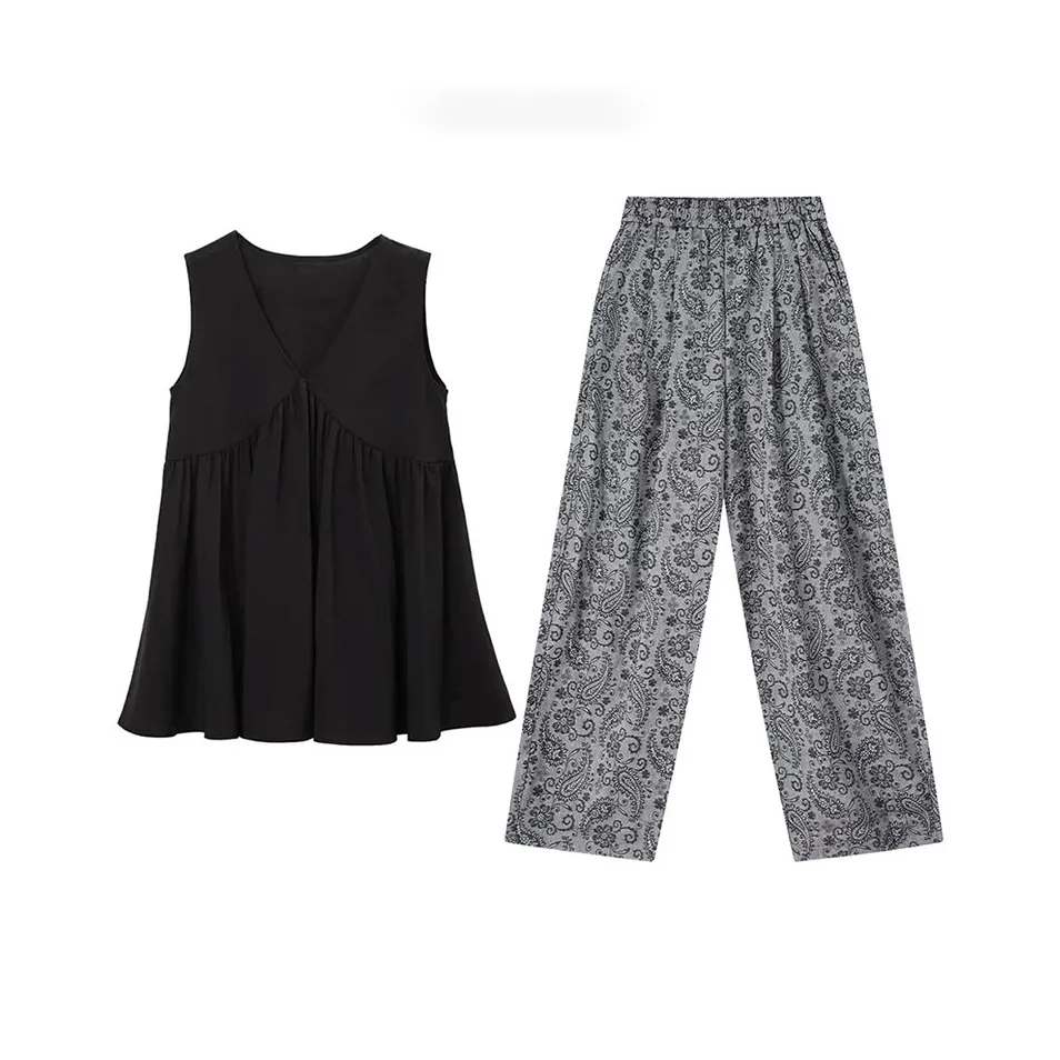 MARIE·COCO Черный топ + Жаккард Повседневные брюки Женские Повседневные костюмы