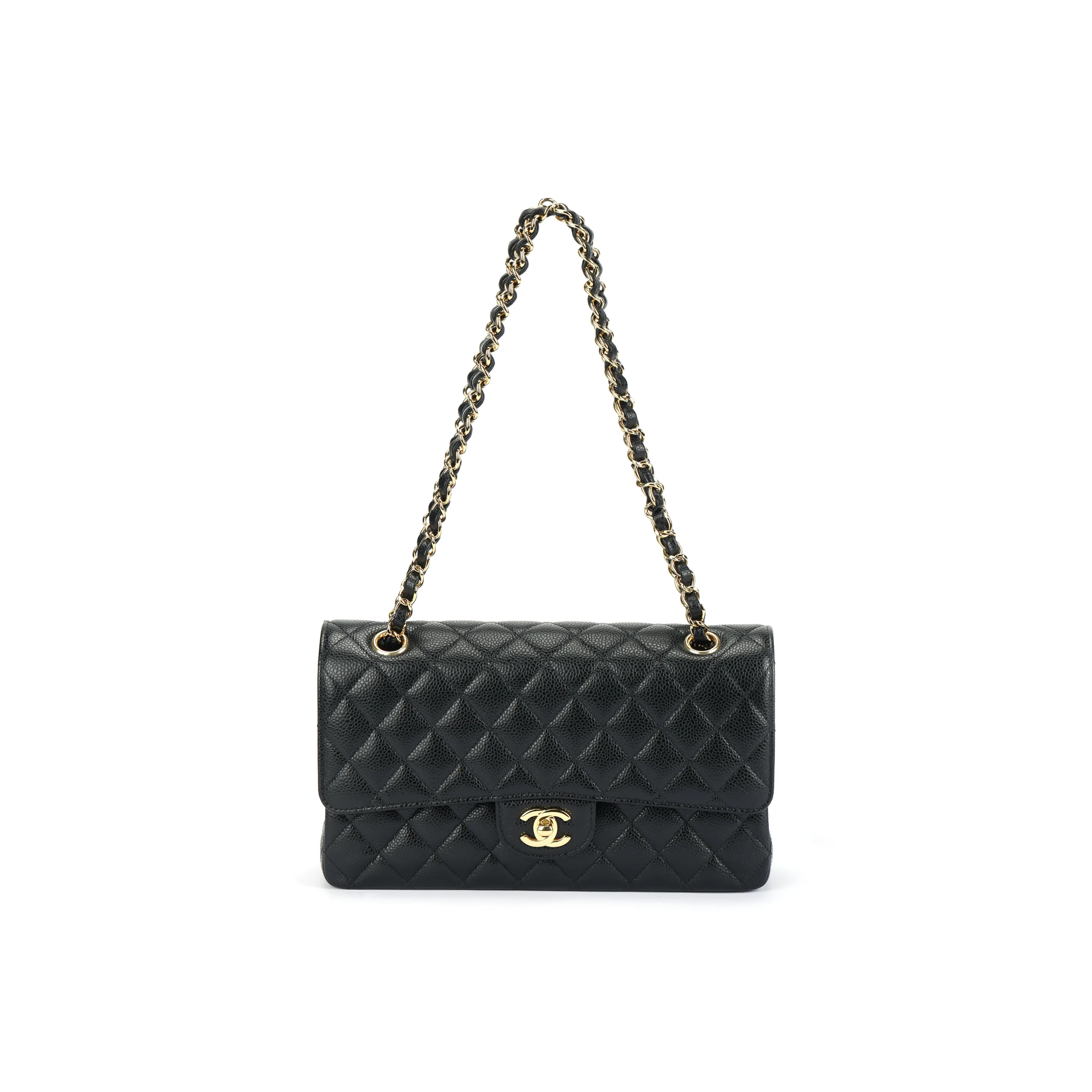 CHANEL Classic Double Flap Quilted Caviar Gold-tone Medium Black