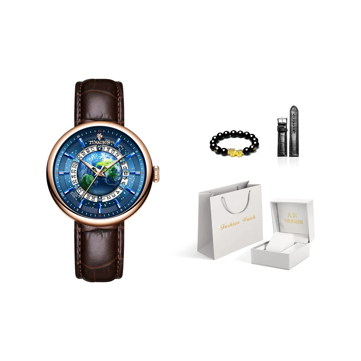 TINAIBIN Blue Planet Collection Механическое устройство часы с натуральной кожей ремень мужские часы синий циферблат