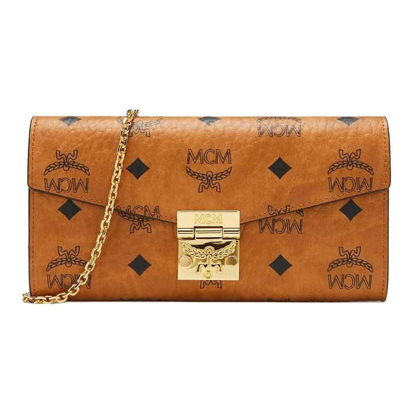 MCM Patricia Visetos Artificial Leather Handheld Shoulder Bag, Crossbody Bag, Wallet Tubas Women's Brown Cognac