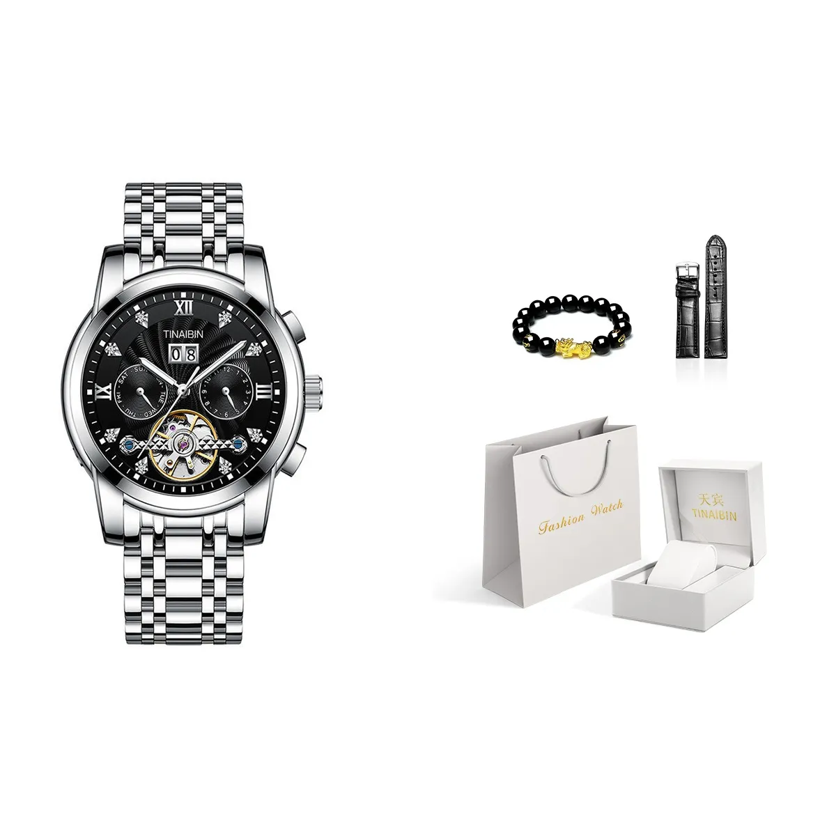 TINAIBIN Автоматический механический механизм ремешок из нержавеющей стали черный циферблат мужские часы