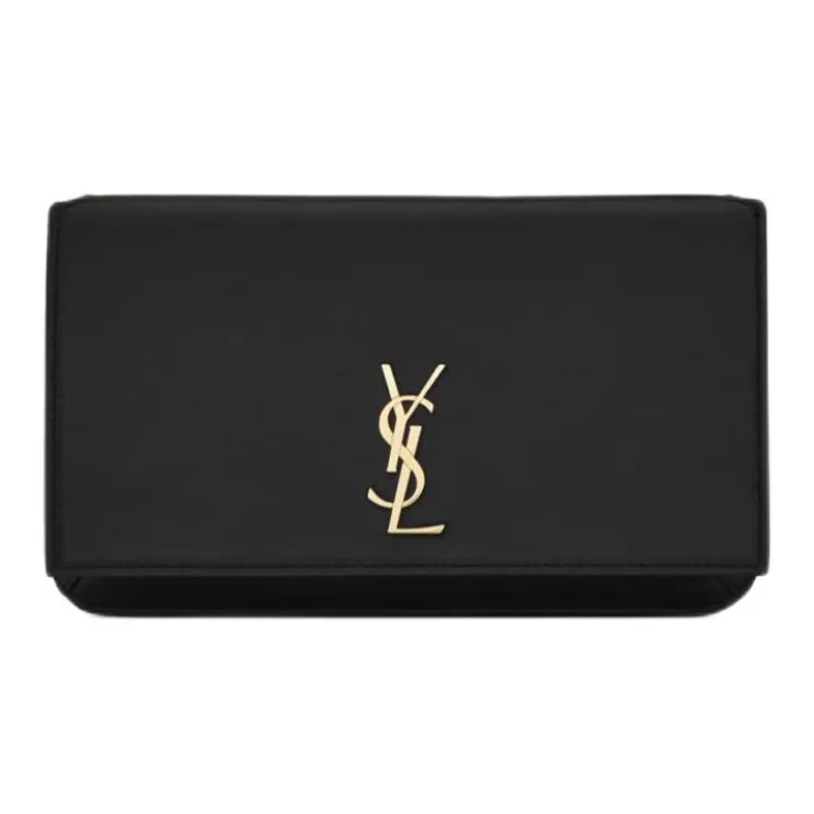 SAINT LAURENT Monogram Calfskin Smooth Finish Leather Crossbody Cell Phone Pouch Women's Black