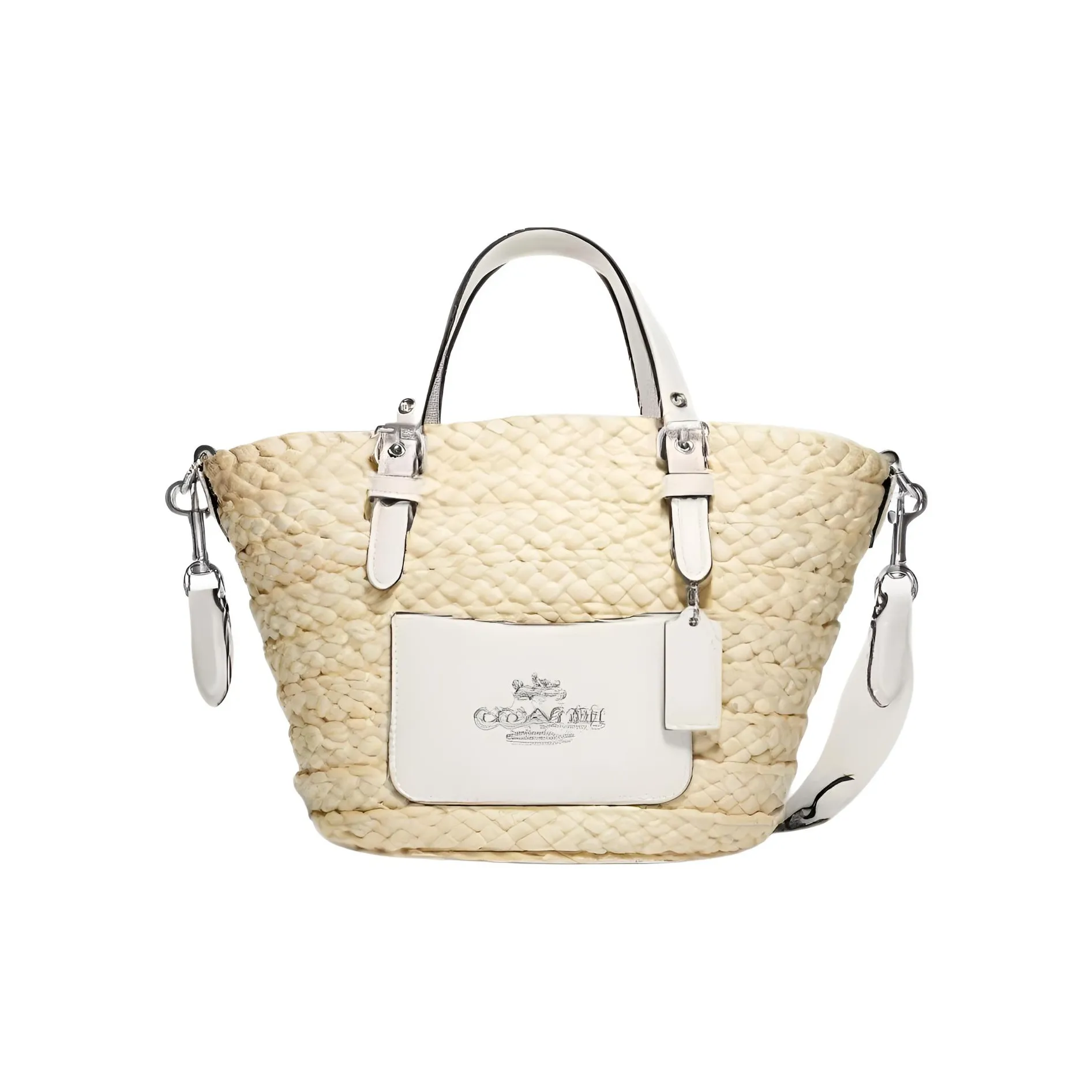 COACH Соломенная плетеная сумка с кожаными вставками Tote сумка для покупок сумка через плечо сумка маленькая женская бежево-желтая