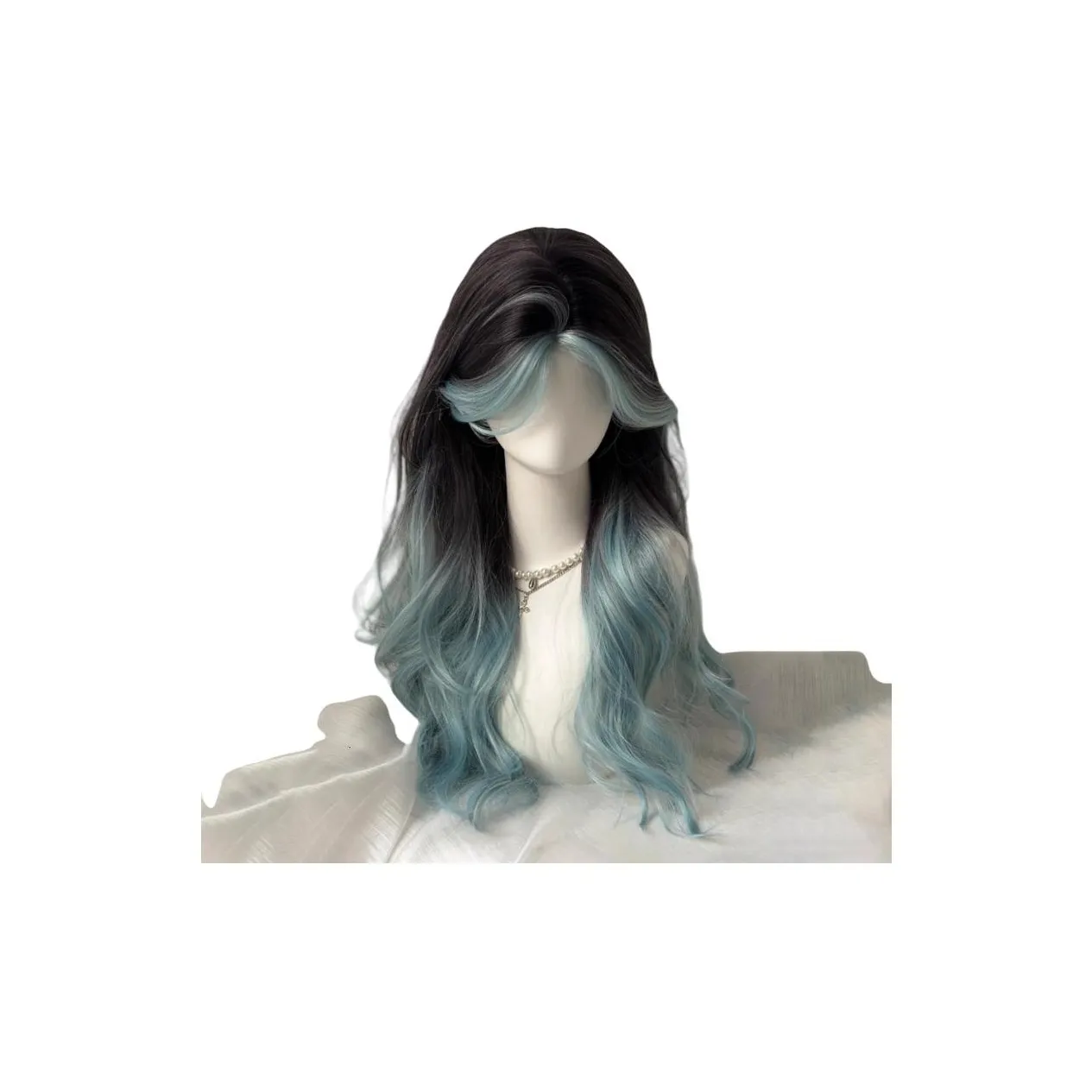 Gentle Welcome Wig Женские Мятный Градиент Синий Длинный Кудрявый Средний Раздел Отделенный Натуральные Искусственные Волосы Полный Набор для Полной Головы