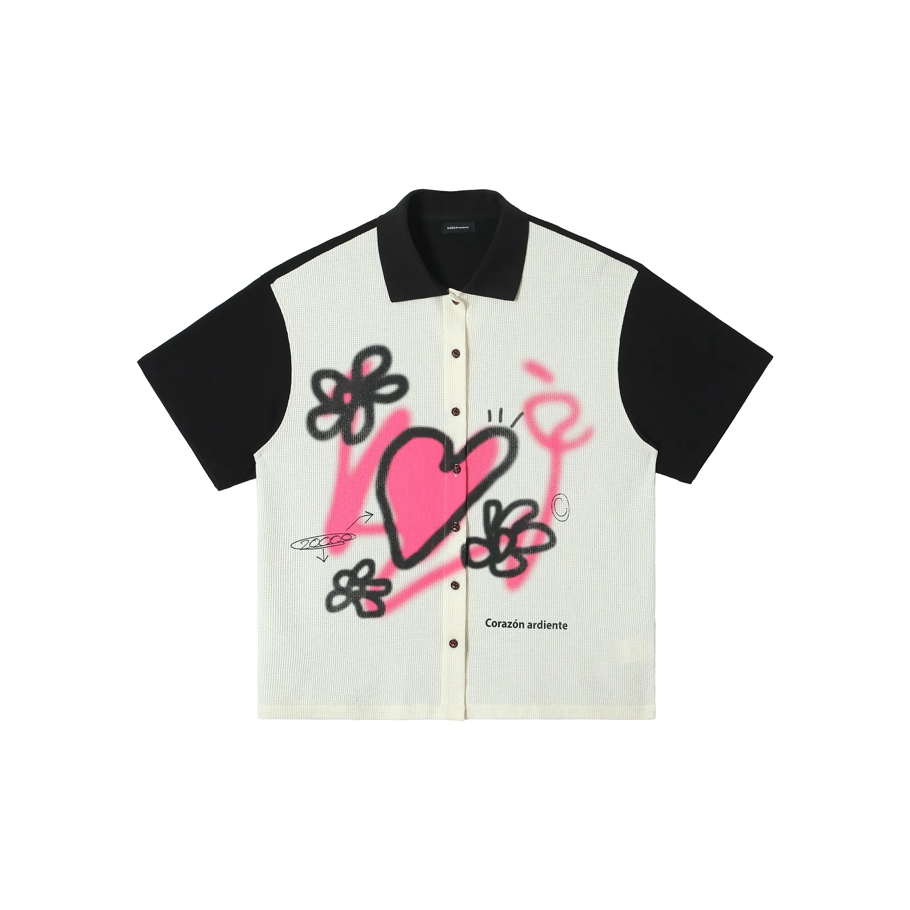 EeeeArtmonster Вафельная вязка Короткий рукав Рубашка Унисекс