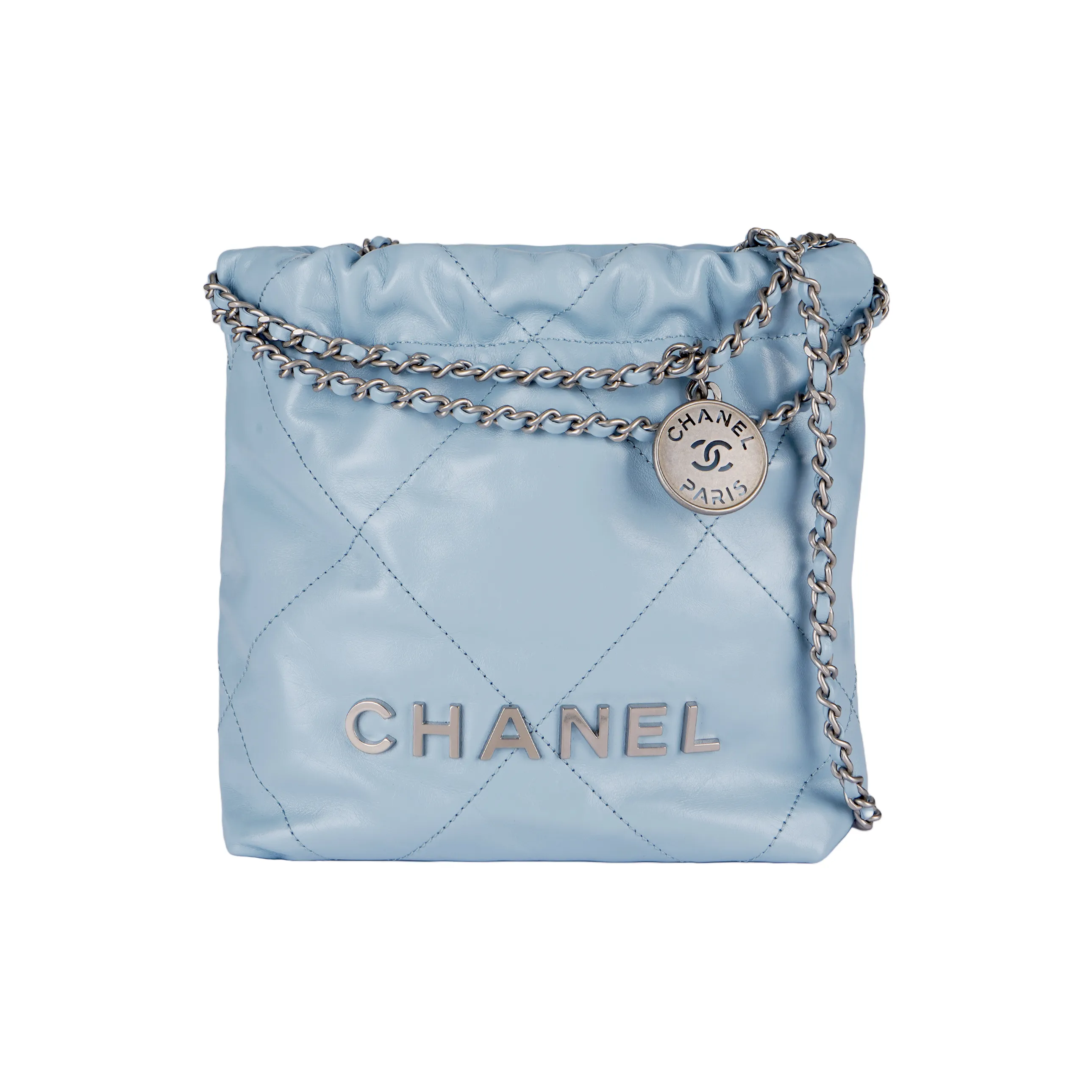 CHANEL 22Bag Bright Calfskin Bucket Bag, Shoulder Bag, Crossbody Bag Mini Women's Cream Blue Baby Blue