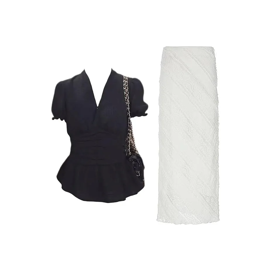 MARIE·COCO Черный топ + Белая юбка Женские комплекты с юбкой