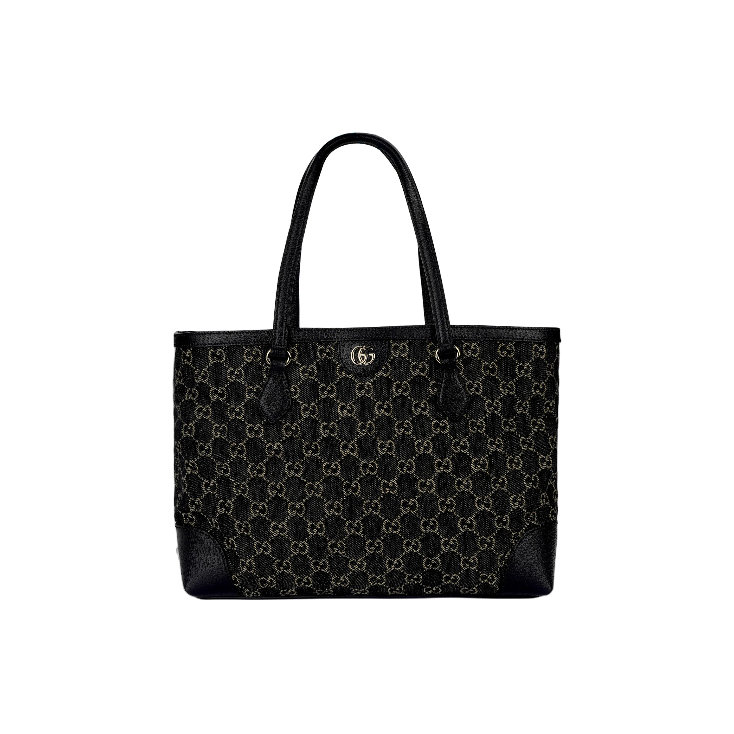 GUCCI Ophidia Denim With Leather Tote Bag, Shopping Bag, Shoulder Bag, Handbag Medium Size Women's Black & Ivory White