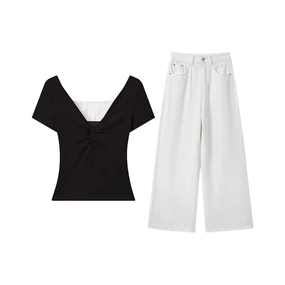 MARIE·COCO Черный топ + Белые брюки Женские Повседневные костюмы