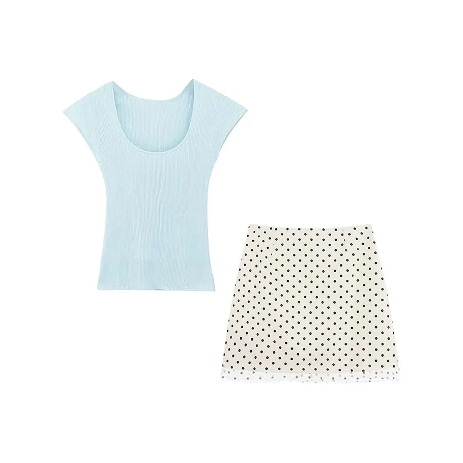 MARIE·COCO Синий топ + Гороховый узор Юбка Женские Комплекты с юбкой