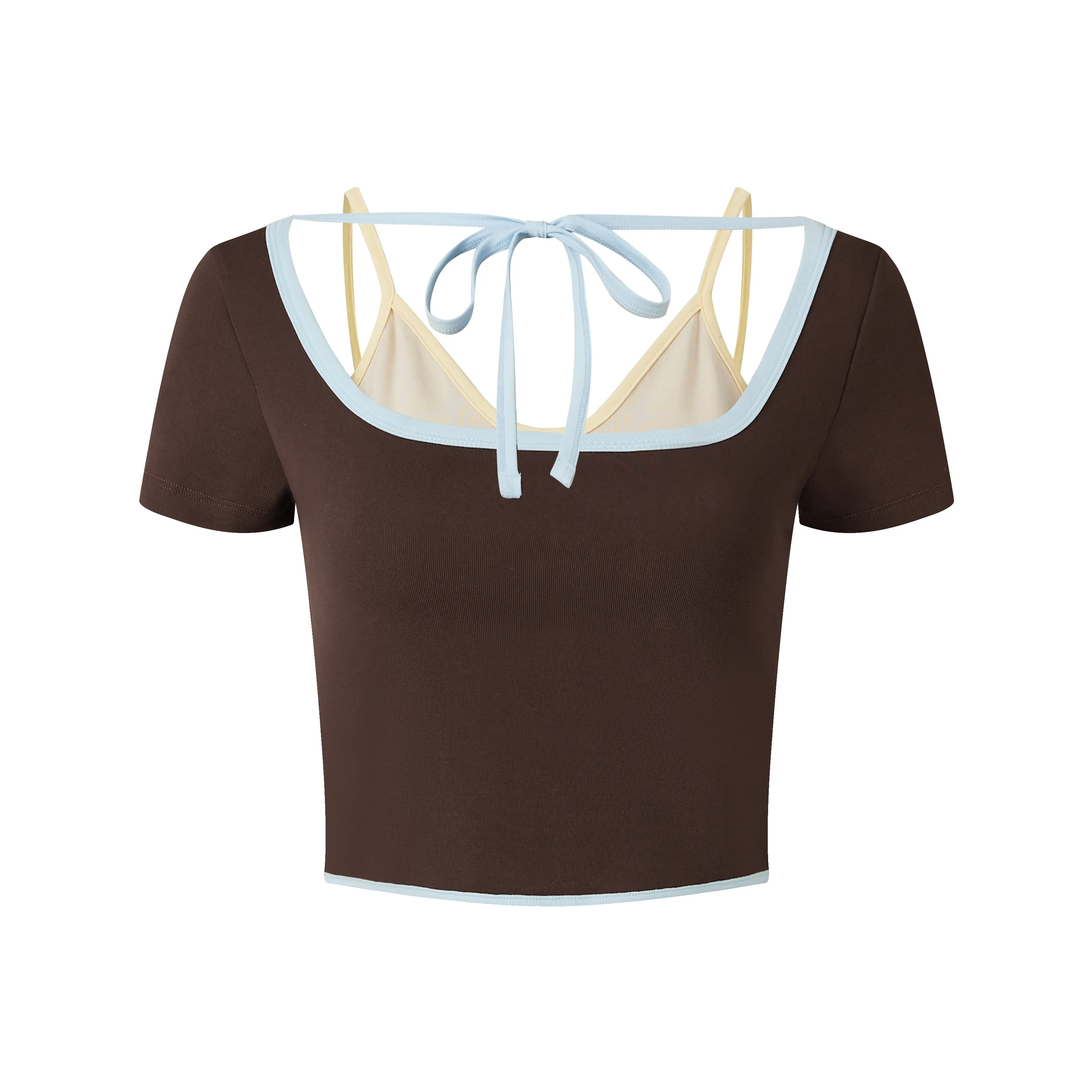 1 TROP FORT 2025 Лето Тело-прилегающий Mock Двухкомпонентный Короткий рукав Т-рубашка CROP TOP Женская