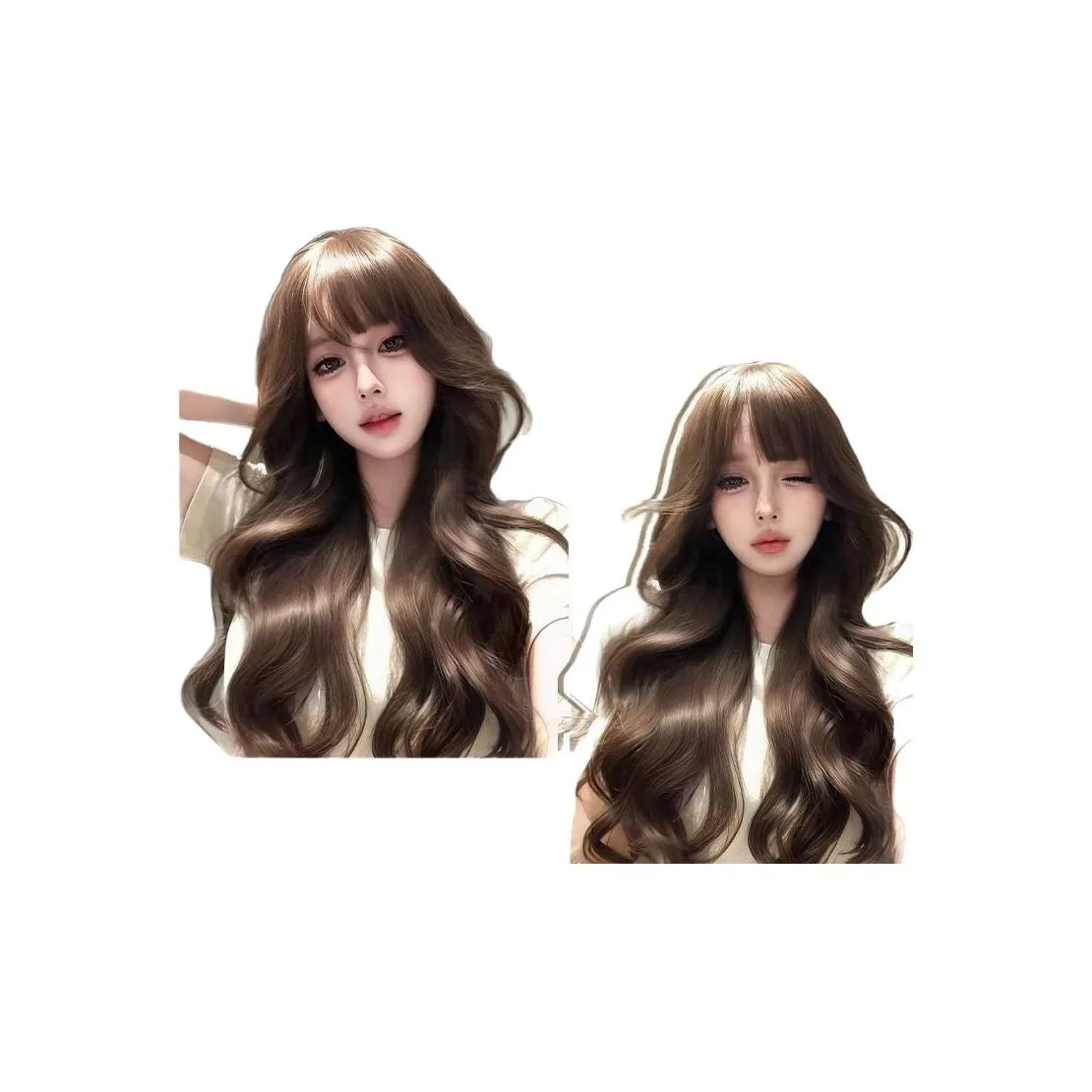 Gentle Welcome Азиатский Корейский Девушка Перука Полный Комплект с Натуральным Восклицанием Объемная Большая Волна Длинная Кудрявая Перука Набор