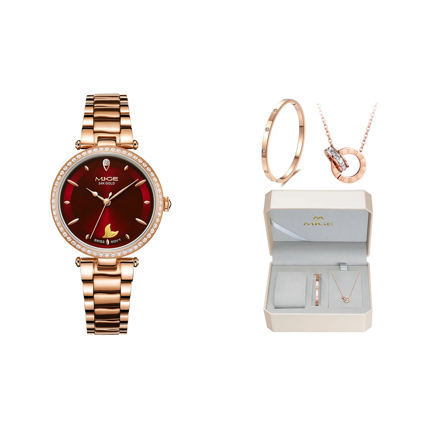 MIGE Mermaid Series Маленький Золотой Кварцевый Механизм Нержавеющий Стальной Ремешок Часы Женские Красный Циферблат Часов