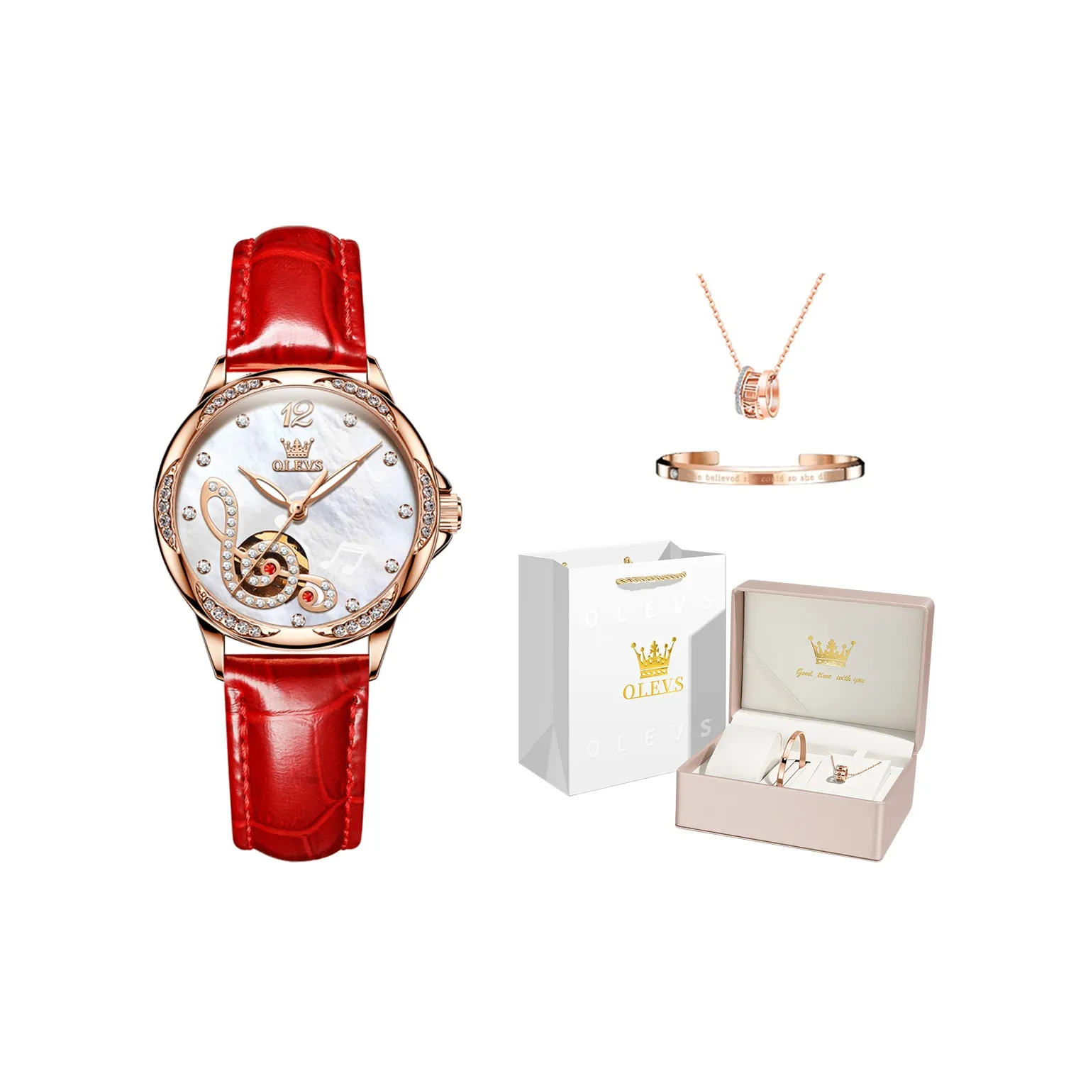 OLEVS Механические часы с кожаным ремешком женские с циферблатом из жемчужной раковины