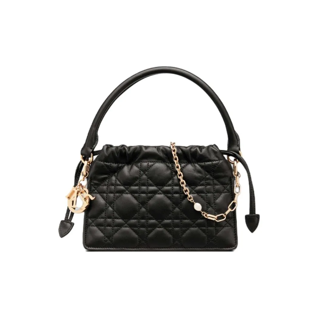 DIOR Lady Dior Milly Wicker Pattern Sheepskin Drawstring Bag, Shoulder Bag, Crossbody Bag, Handbag Mini Women's Black