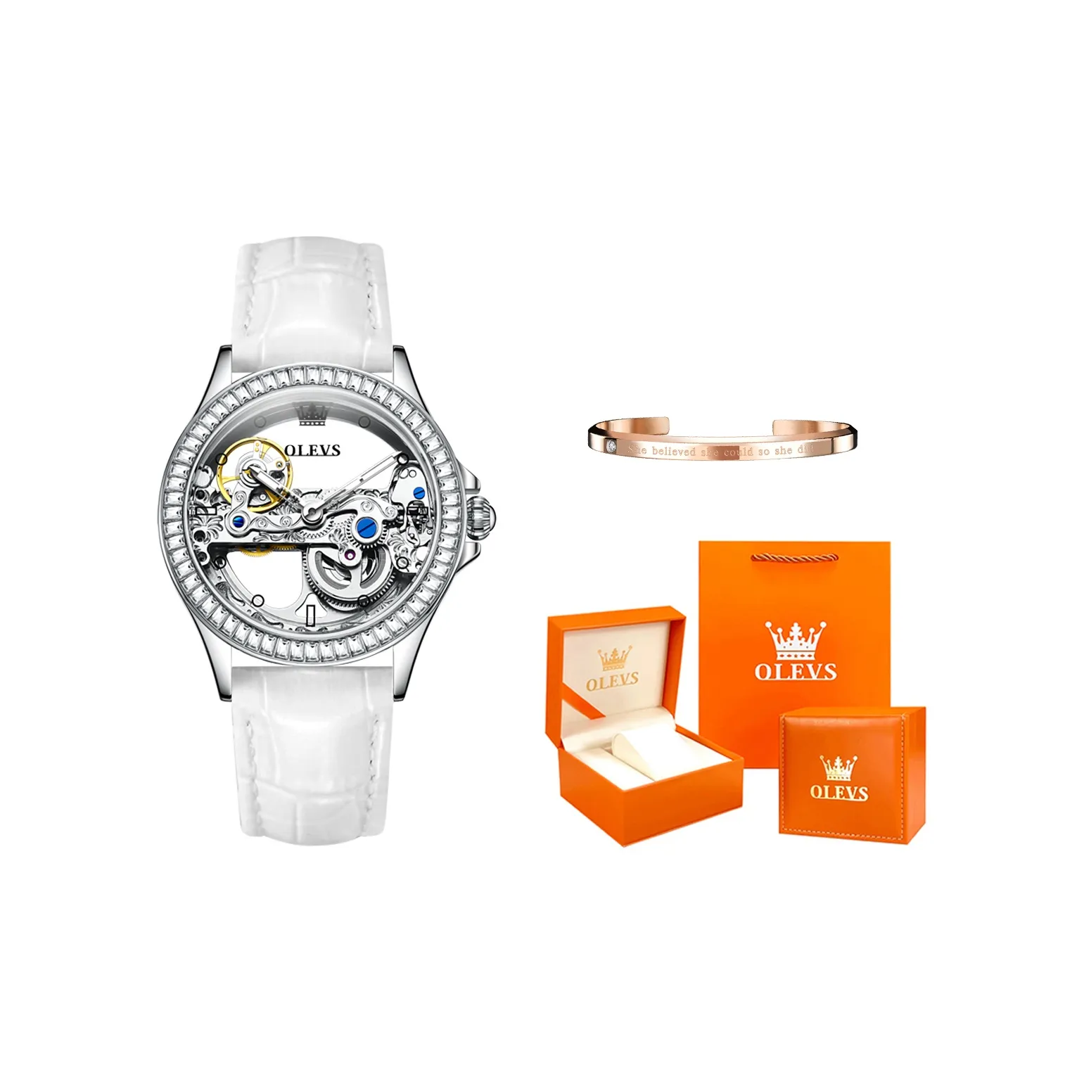 OLEVS Mechanical Movement Leather Strap Watch Women's Watch White Dial