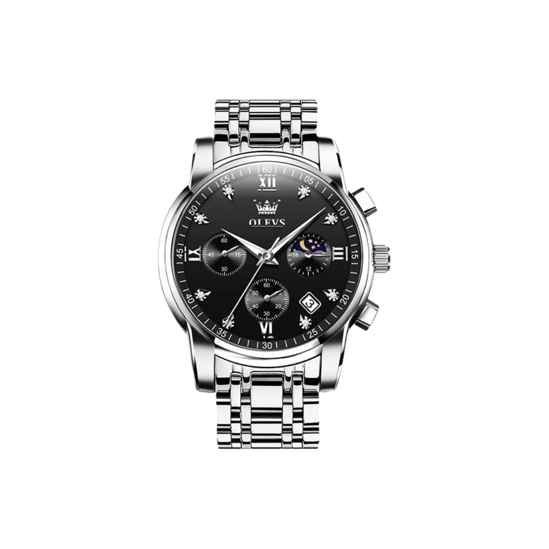 OLEVS Play The Cool Series Кварцевый механизм Нержавеющий стальной ремешок Часы Мужские Черный циферблат