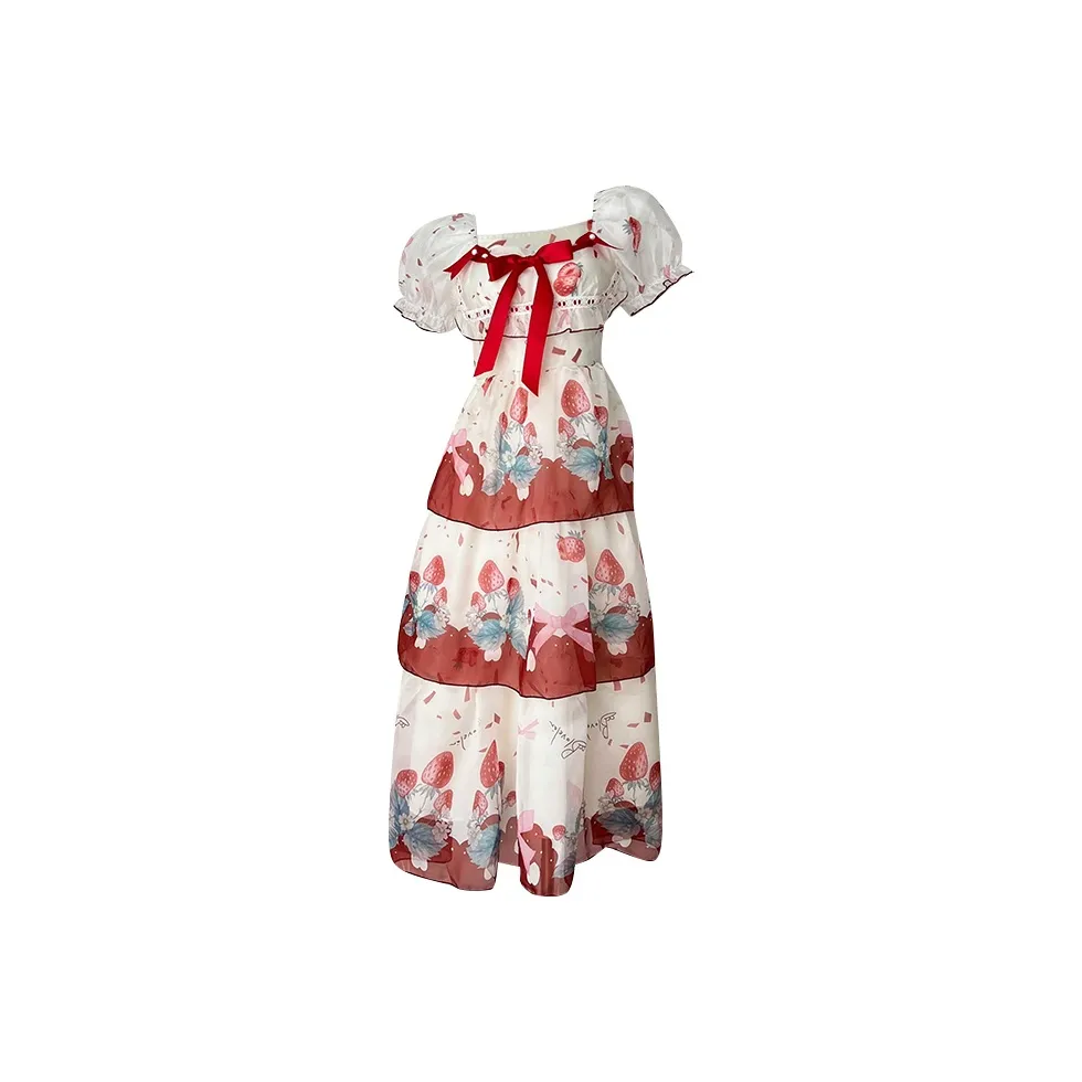 GORGEOUSIDEA Летнее Короткое Платье с Короткими Рукавами Женское Клубнично-Красный