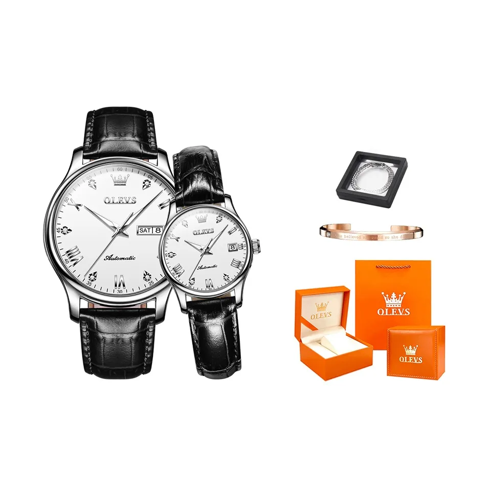 OLEVS Heart to Heart Knot Collection Mechanical Movement Leather Strap Watch Unisex White Dial
