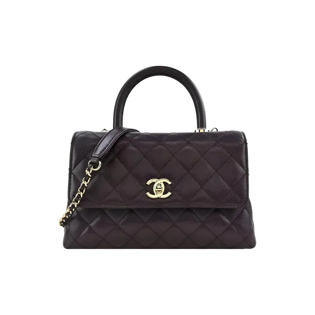 CHANEL Coco Handle Calfskin Flap Bag, One Shoulder Handbag Women's Dark Brown