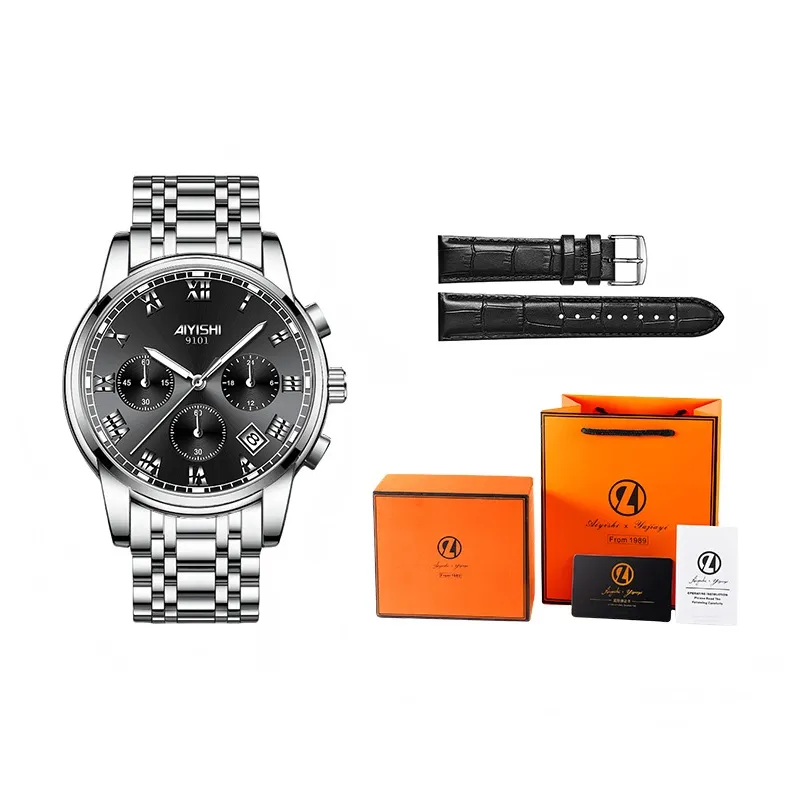 AIYISHI Кварцевый механизм ремешок из нержавеющей стали черный циферблат мужские часы