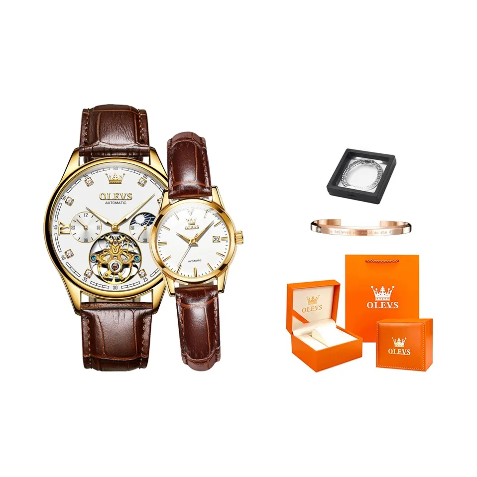 OLEVS Heart to Heart Knot Collection Mechanical Movement Leather Strap Watch Unisex White Dial