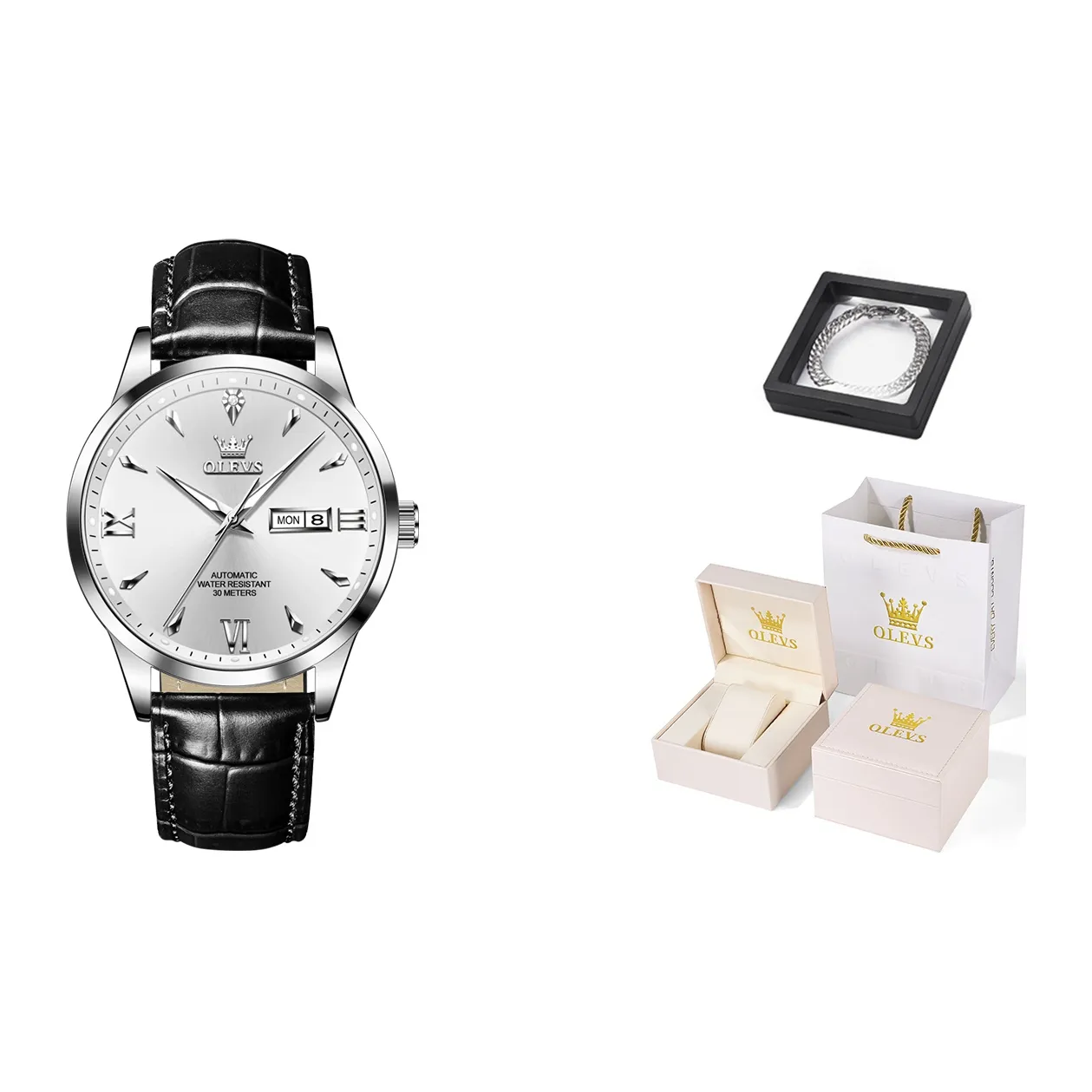 OLEVS Механические часы с кожаным ремешком белый циферблат мужские часы