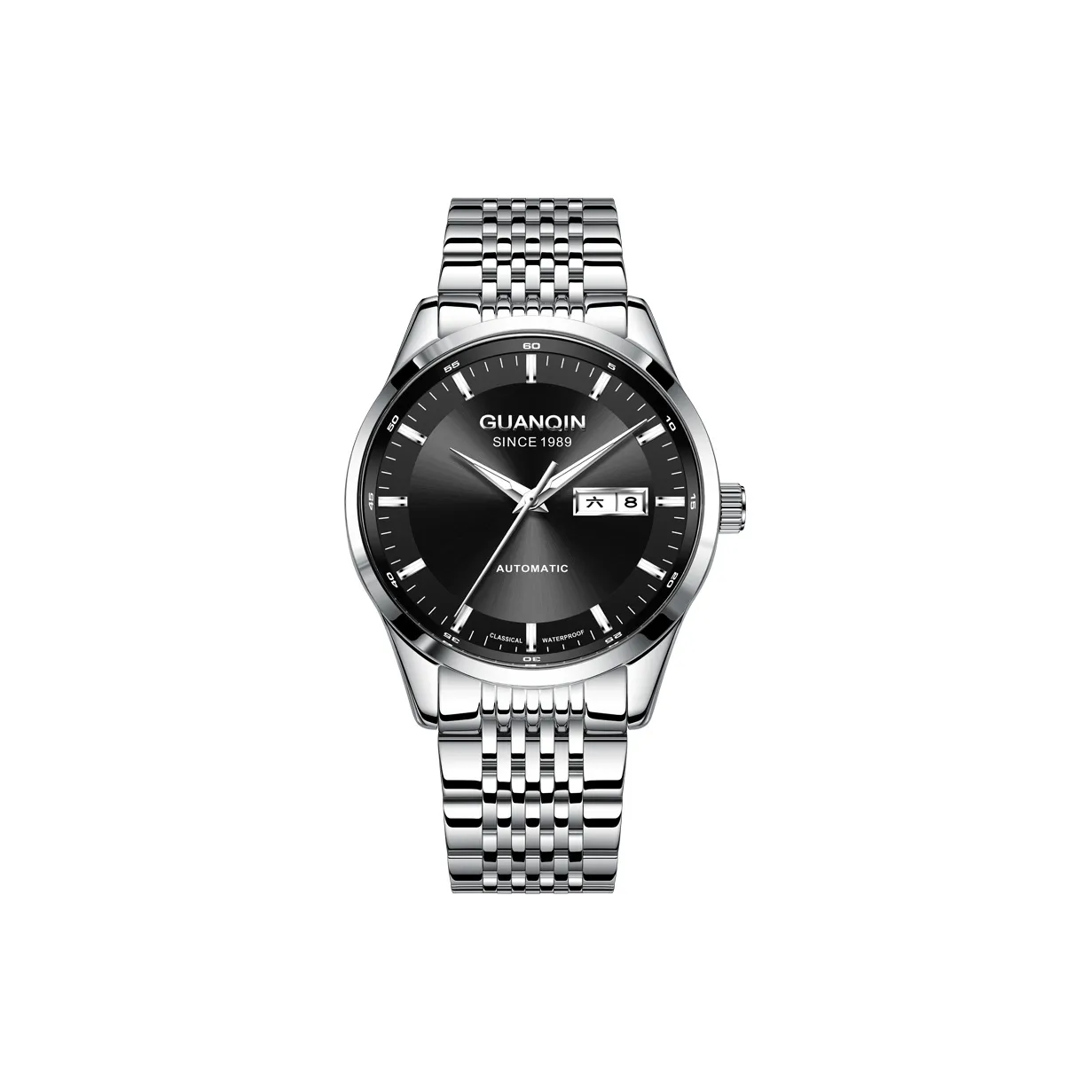 GUANQIN Автоматический Механический Механизм Нержавеющая Сталь Ремешок Часы Мужские Черный Циферблат
