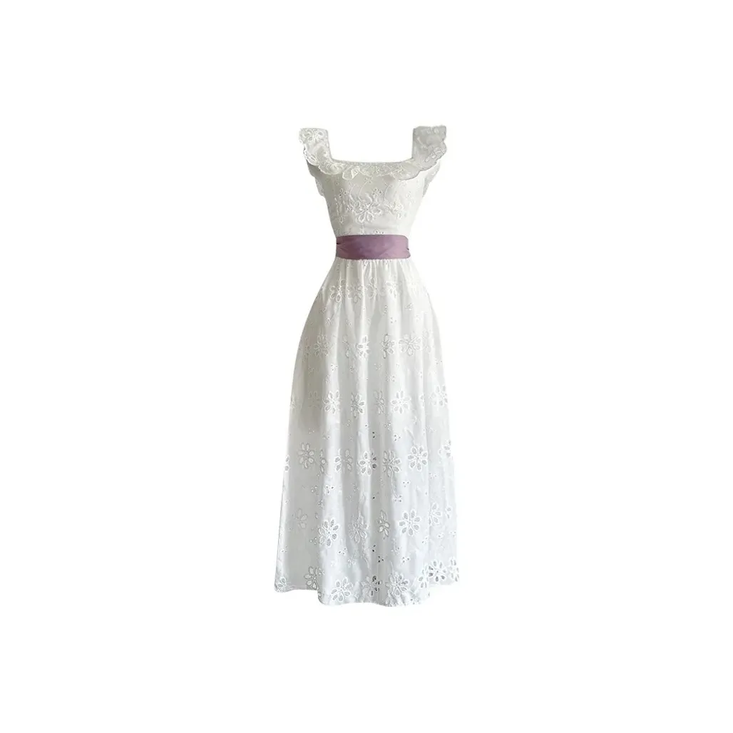 MTHE Белое платье с ремнем, женское, без рукавов