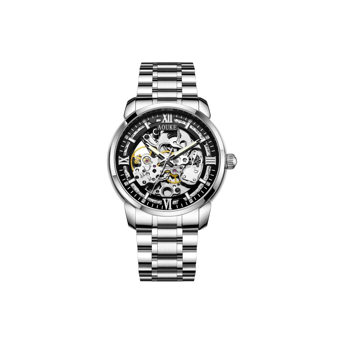 AOUKE Автоматический механический механизм металл ремешок часы унисекс циферблат с открытым механизмом