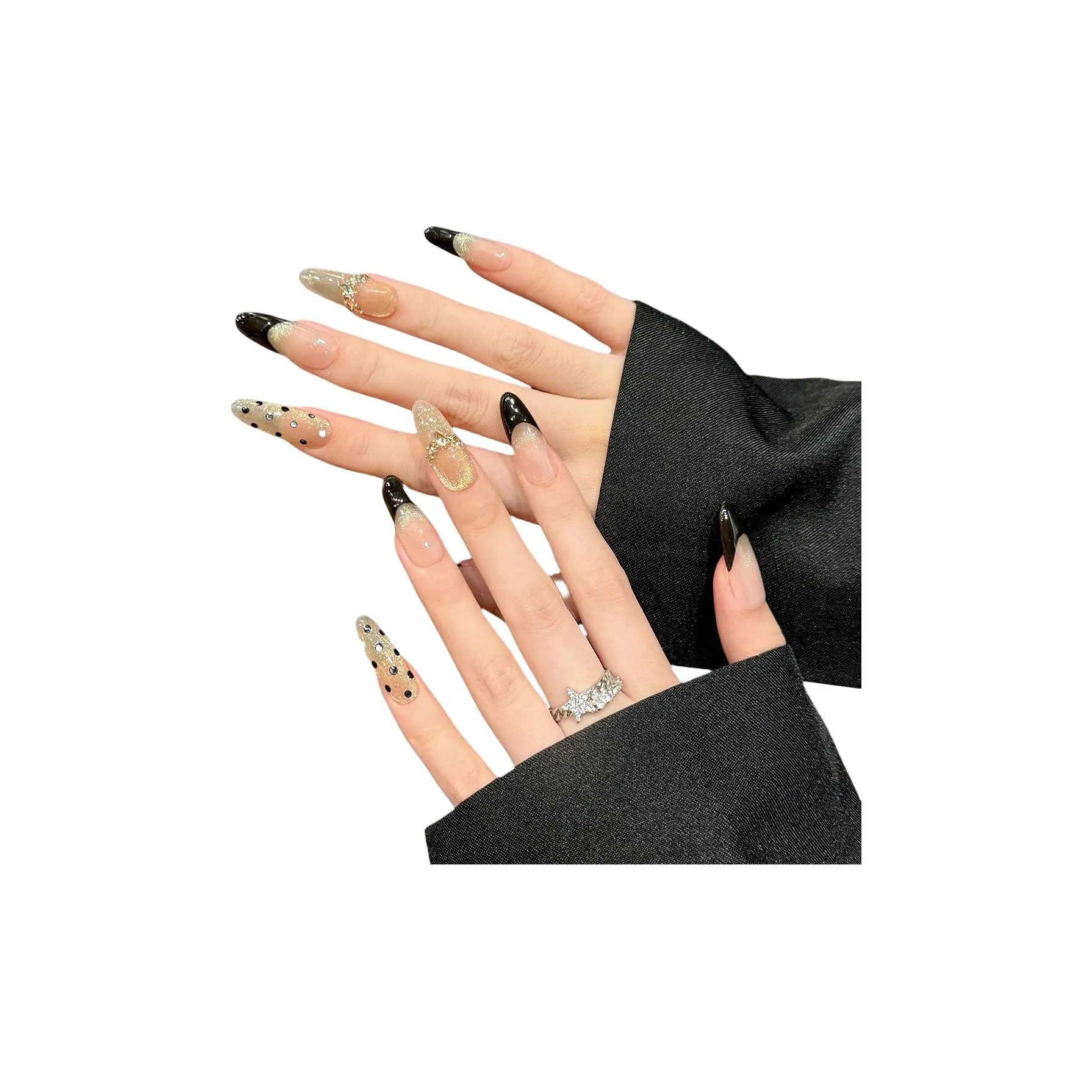 XIAMEIYU Черный Золотой Hepburn Премиум Ручная Работа Кожа Подчеркивающий Ногти Искусственные Ногти Овал Черный Смужка Французский