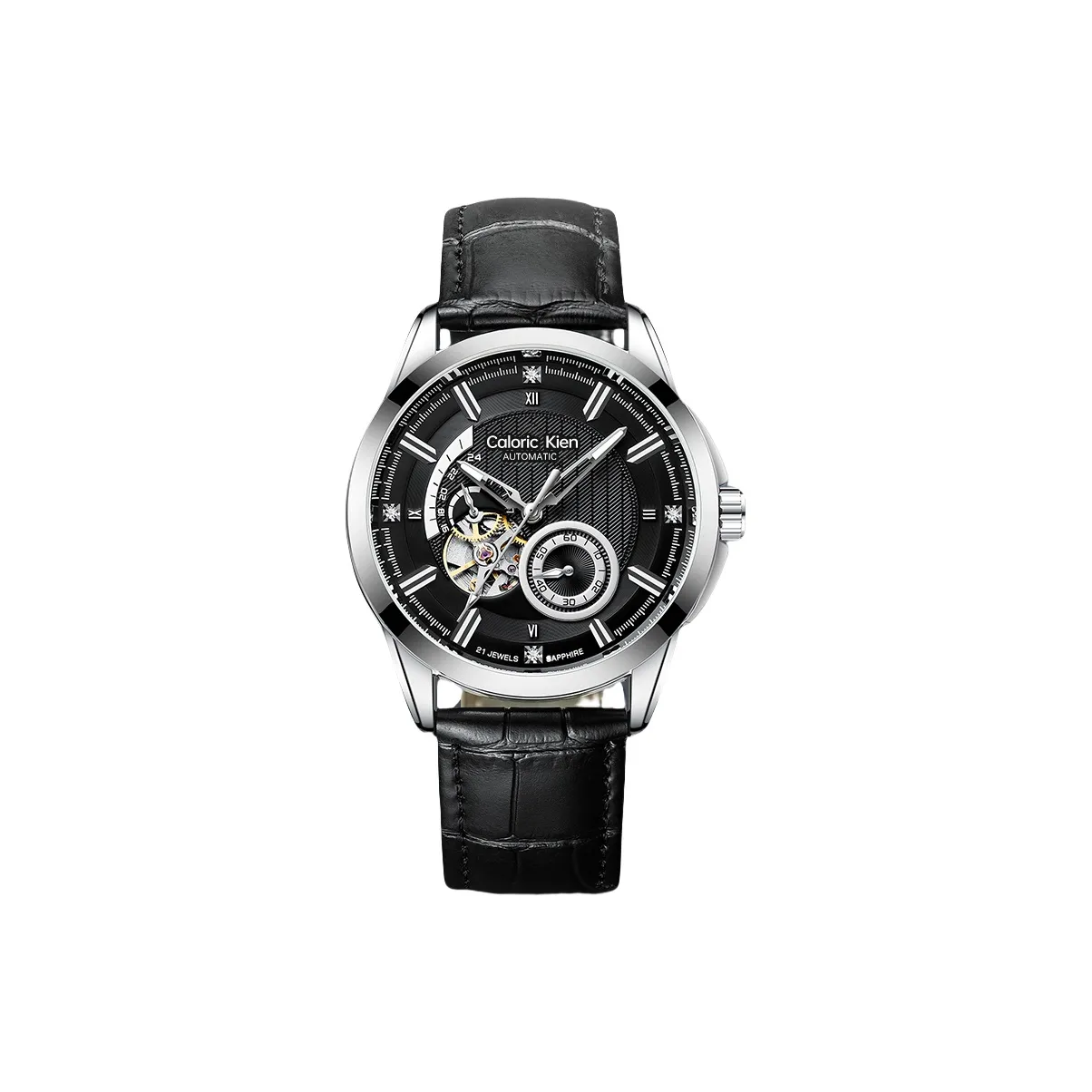 CALORIC KIEN Механические часы Коровья кожа Ремешок Часы Мужские Черный циферблат